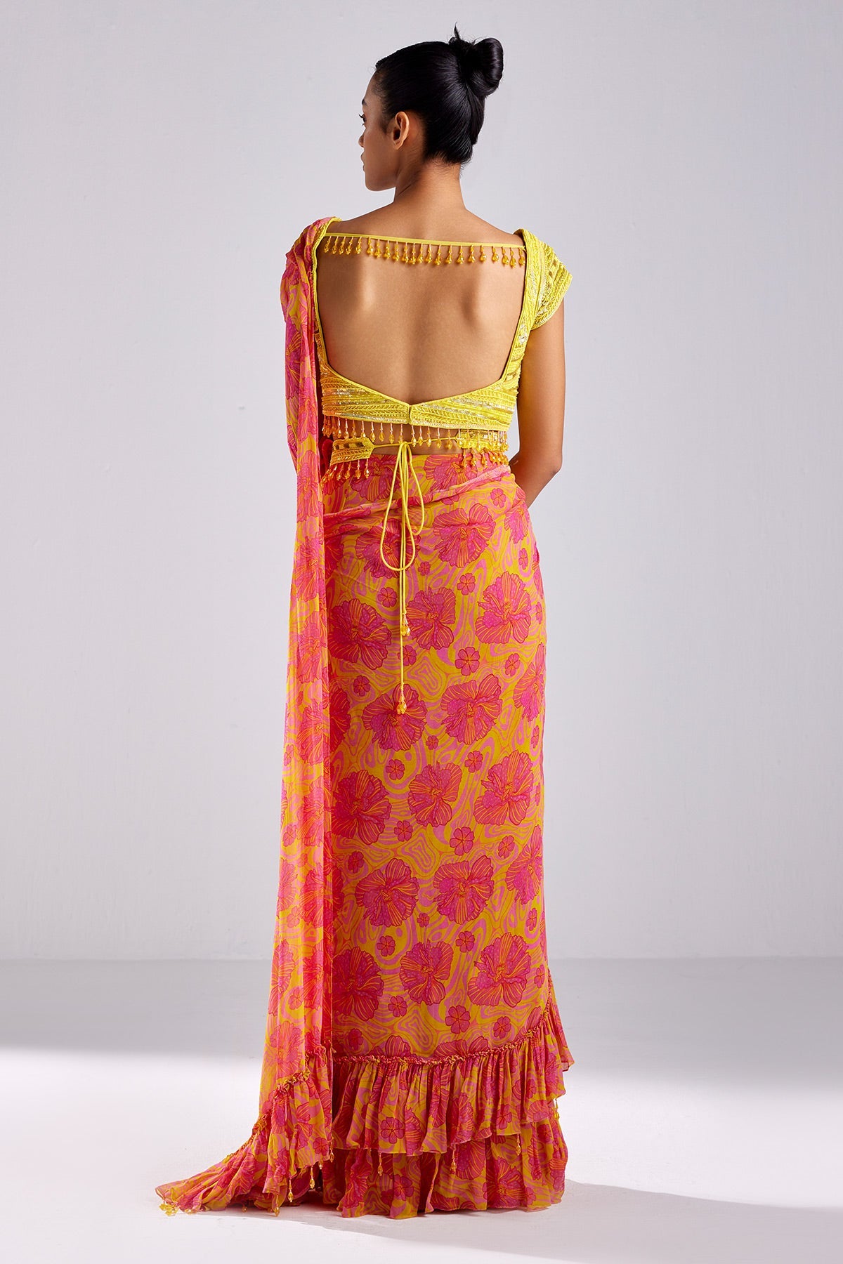 Pink Print & Embroidered Saree Set