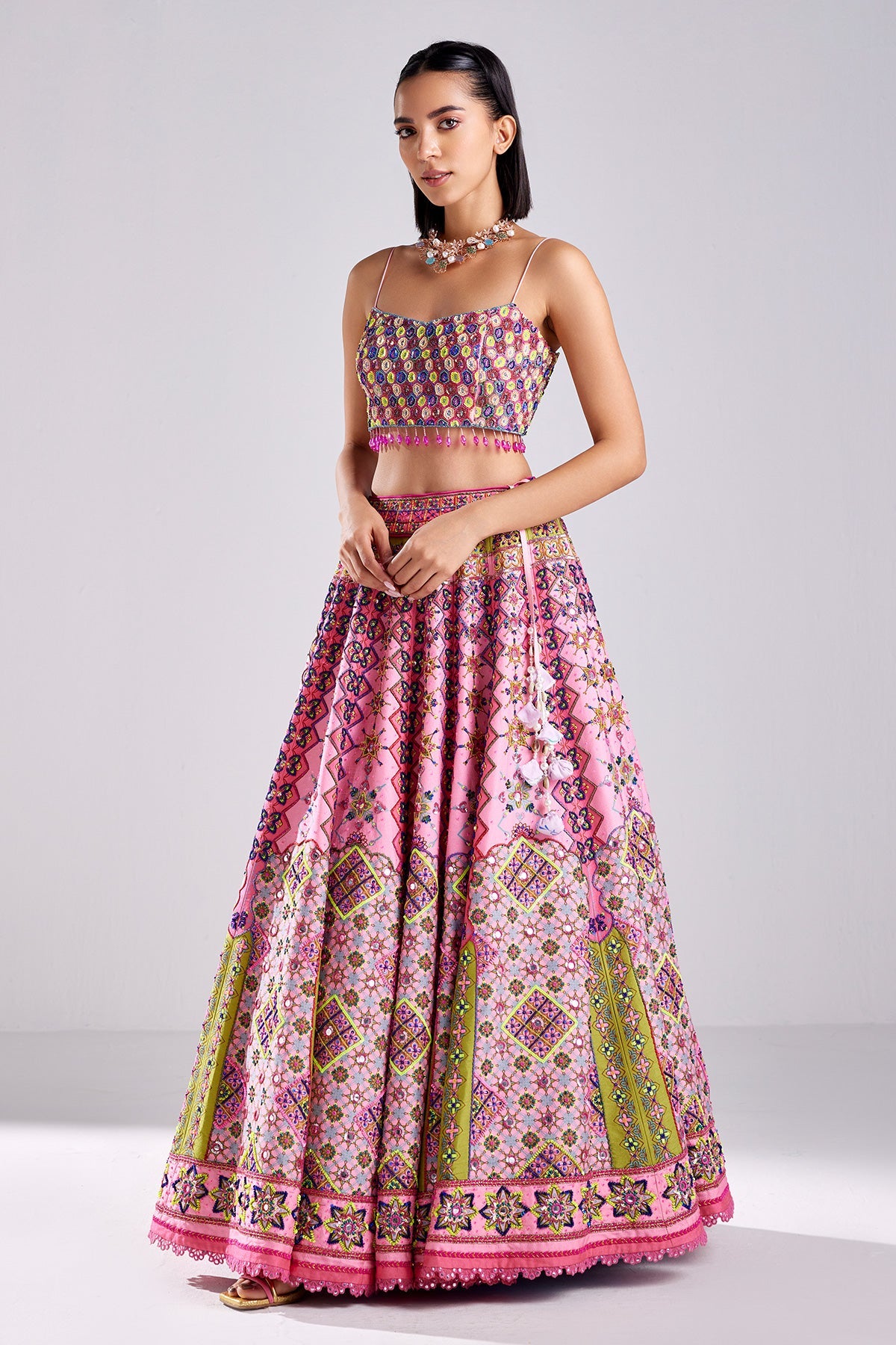 Onion Pink Geometric Print & Embroidered Lehenga Set