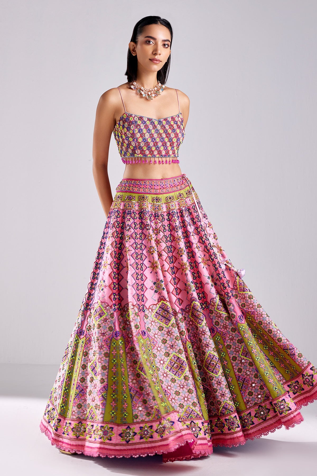 Onion Pink Geometric Print & Embroidered Lehenga Set