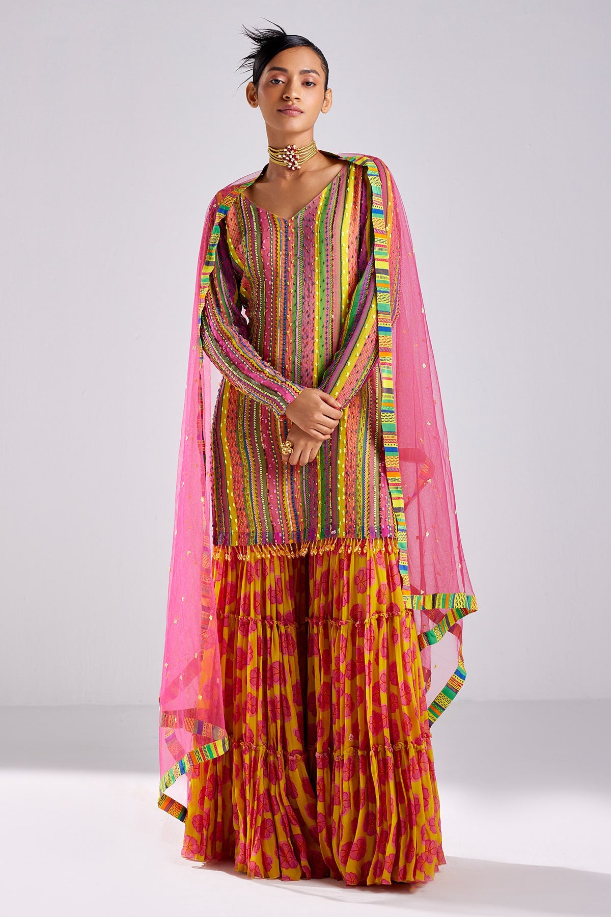 Pink Print & Embroidered Kurti Set