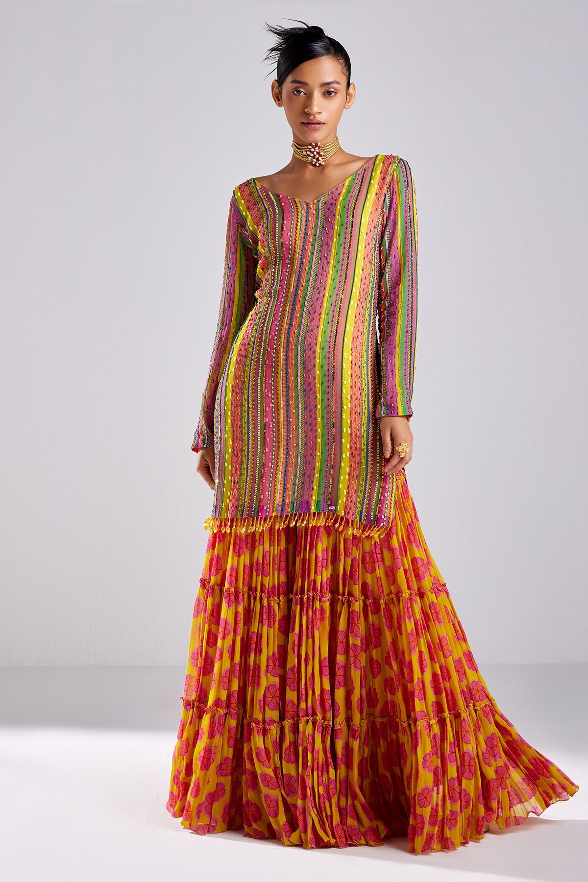 Pink Print & Embroidered Kurti Set