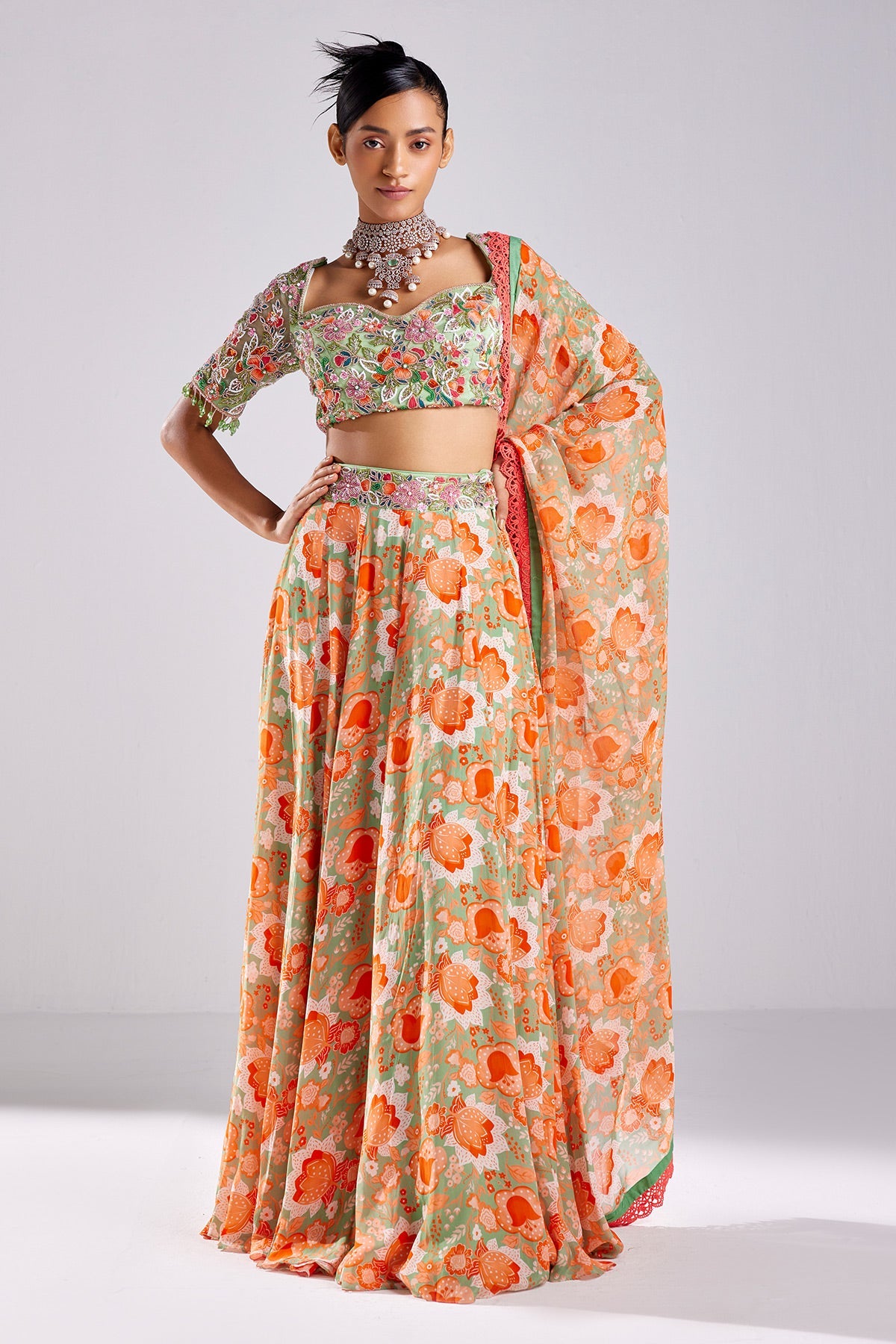 Mint Green Print & Emboidered Lehenga Set