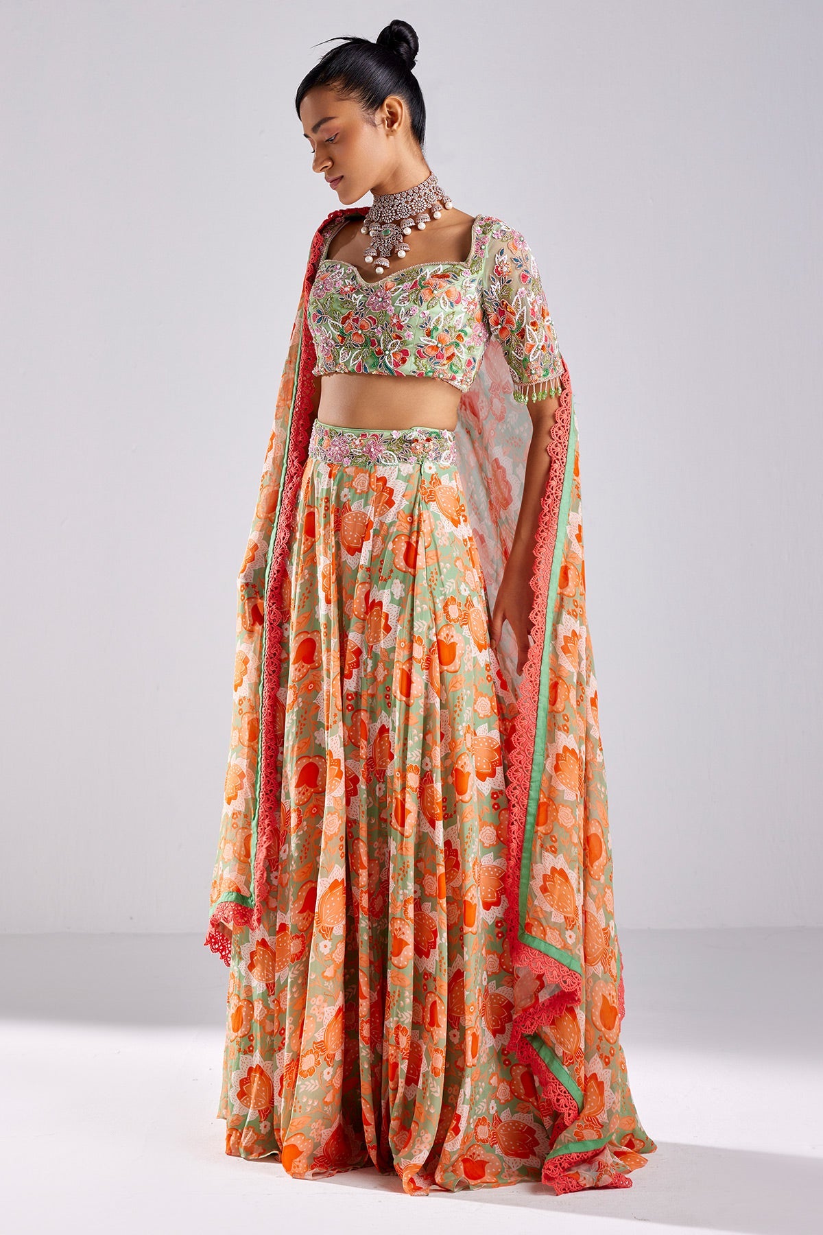 Mint Green Print & Emboidered Lehenga Set