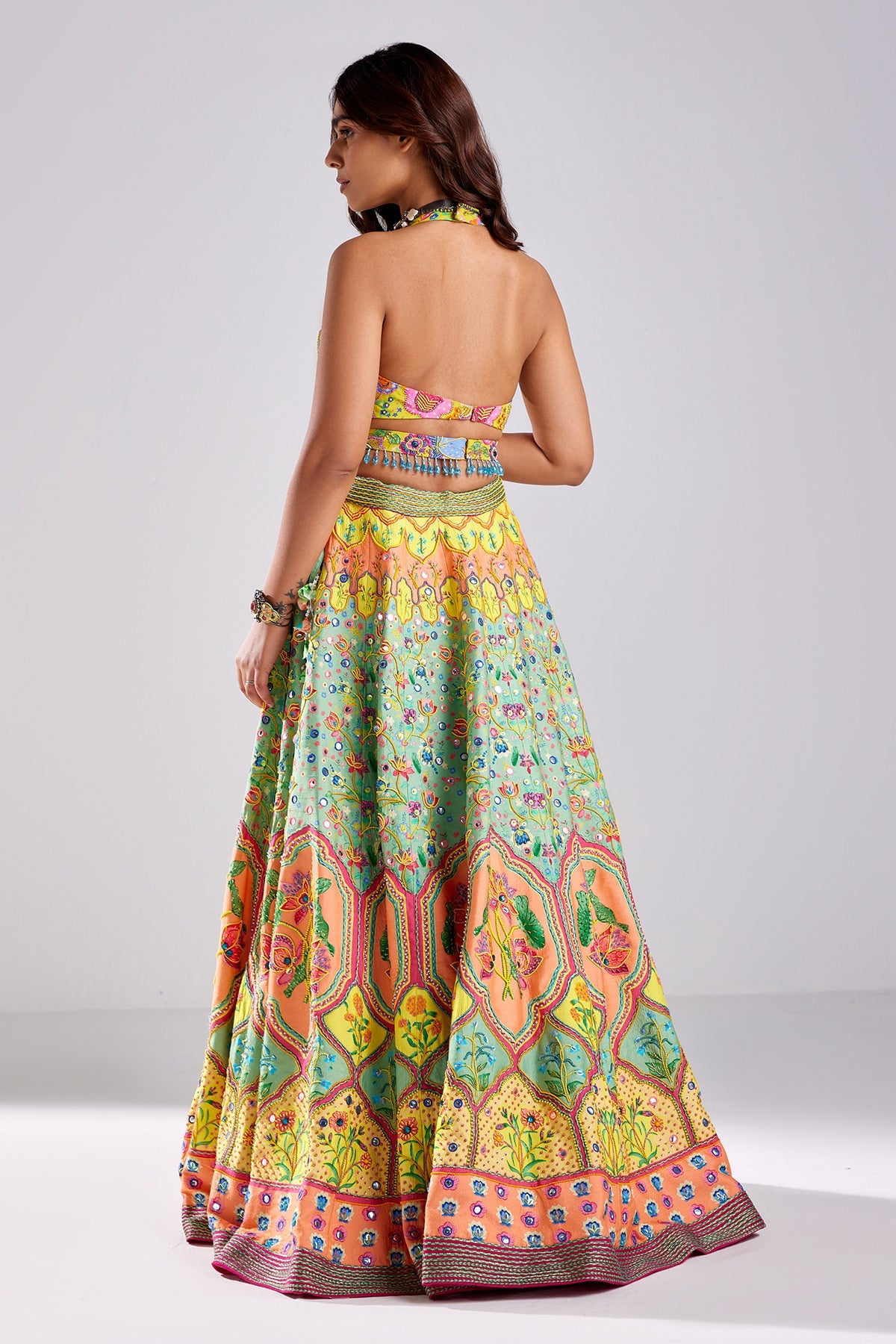 Sage Green Lotus Print & Embroidered Lehenga Set