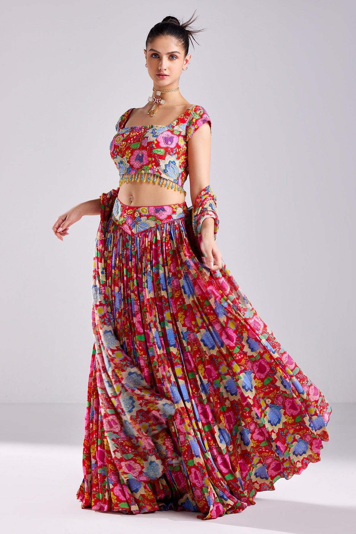 Red Print & Embroidered Lehenga Set