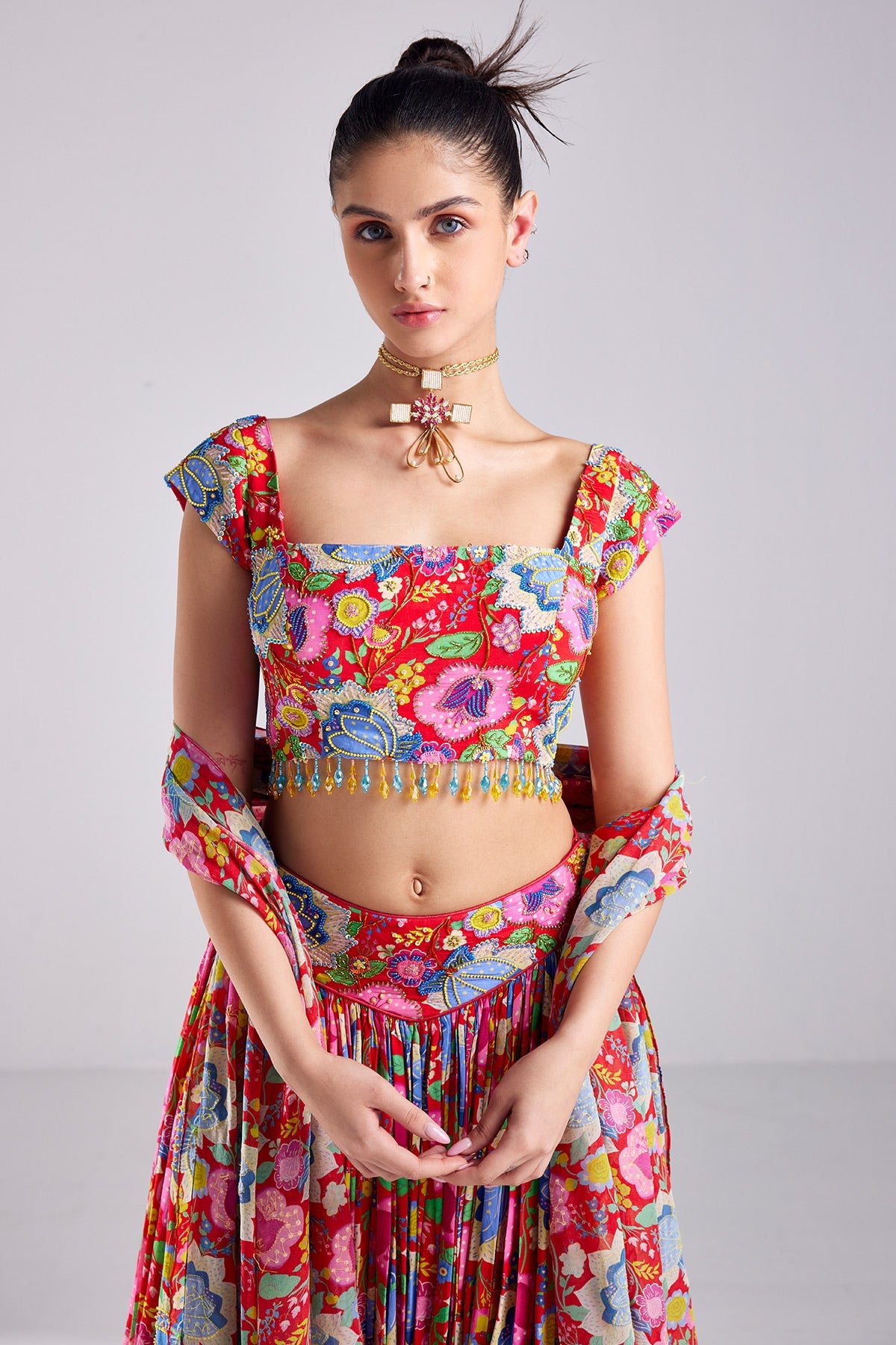 Red Print & Embroidered Lehenga Set