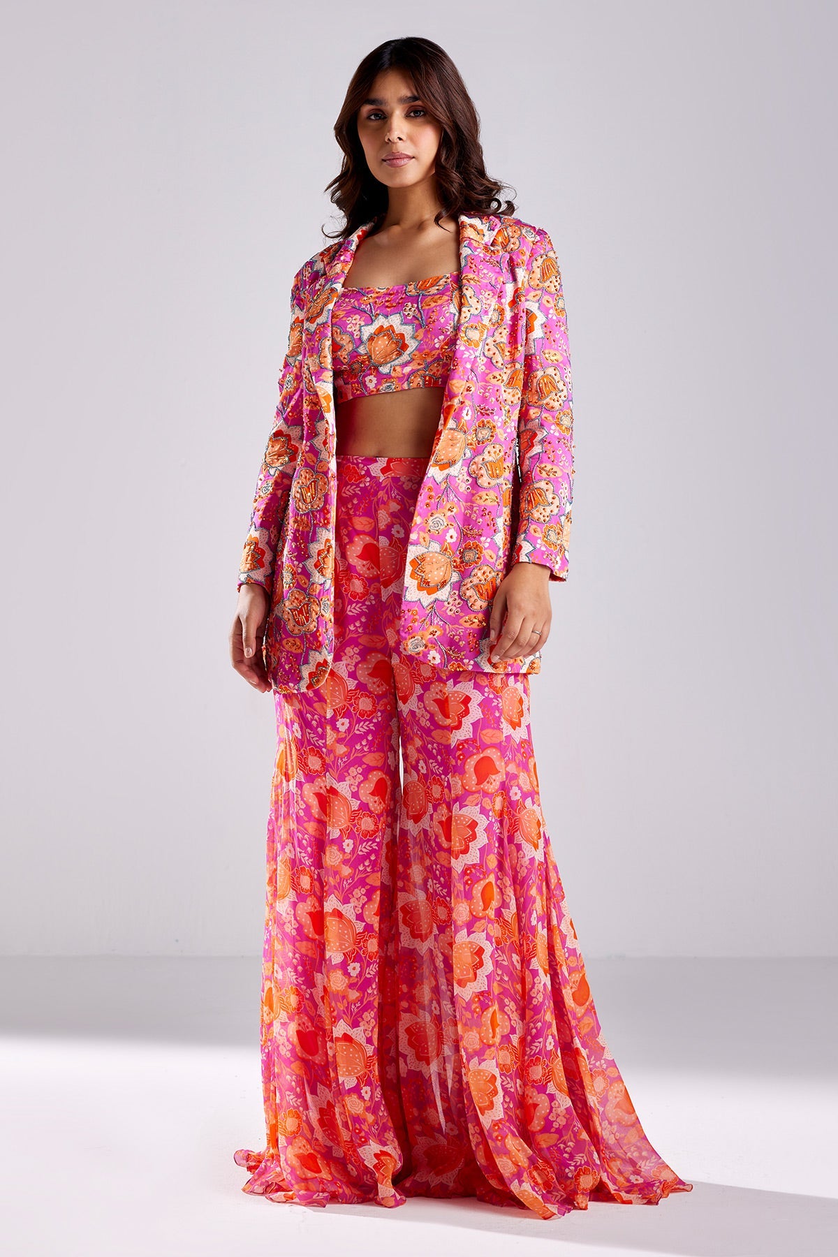 Fuschia Pink Print & Embroidered Blazer Set