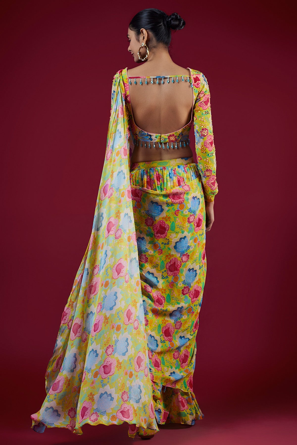 Yellow Print & Embroidered Saree Set