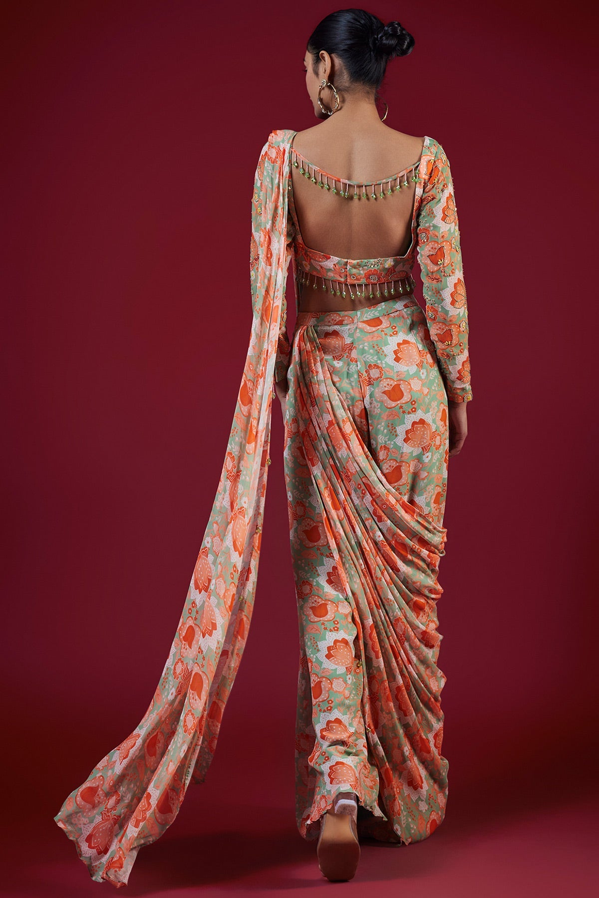 Mint Green Print & Embroidered Saree Set