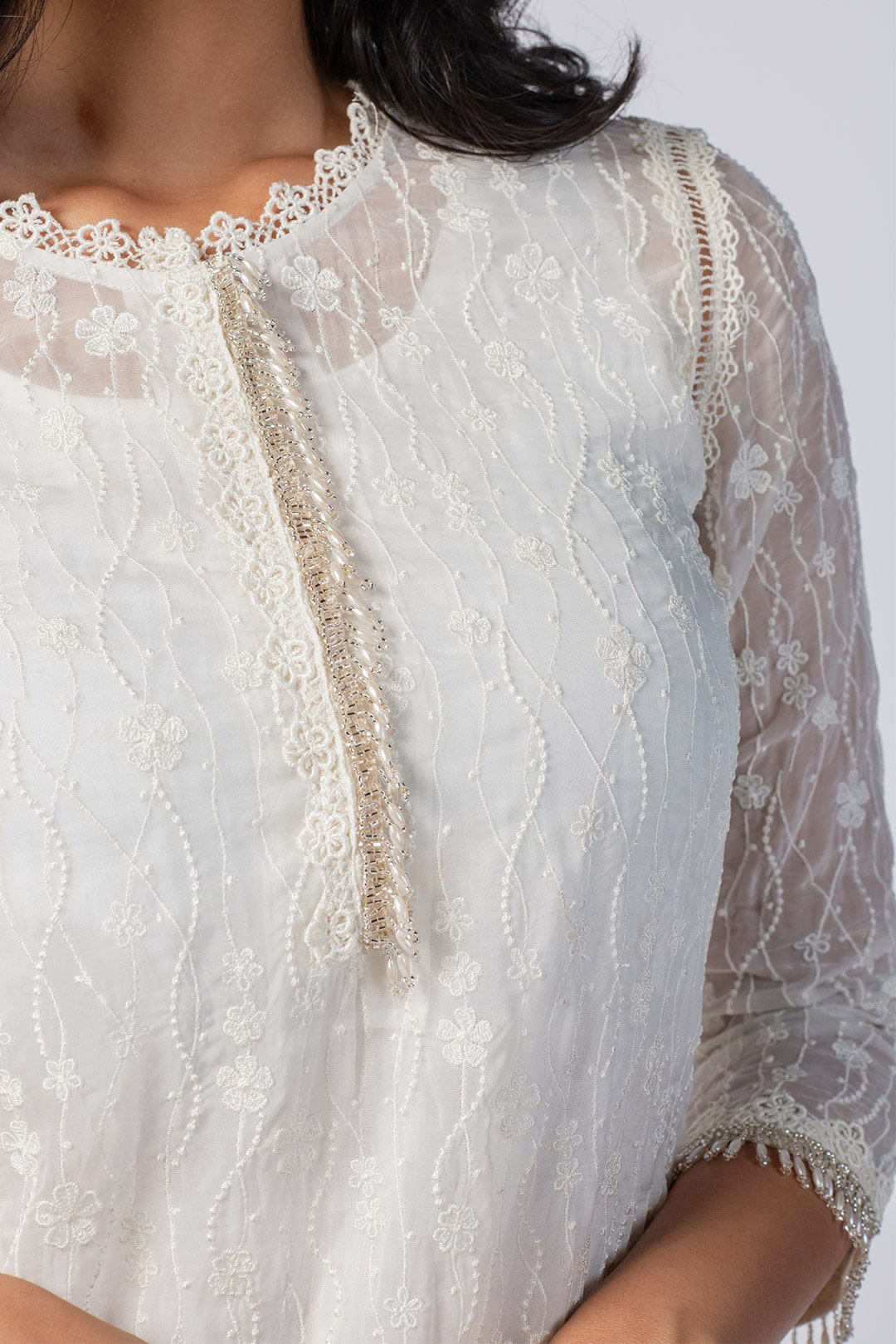 Mulmul Tencel Luxe Organza Freya Off White Kurta With Supima Cotton Freya Round Hem Off White Pant