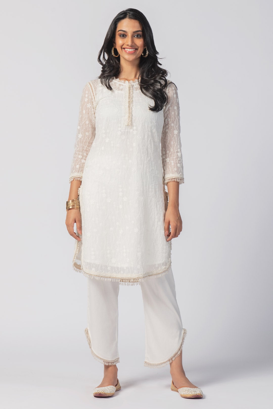 Mulmul Tencel Luxe Organza Freya Off White Kurta With Supima Cotton Freya Round Hem Off White Pant