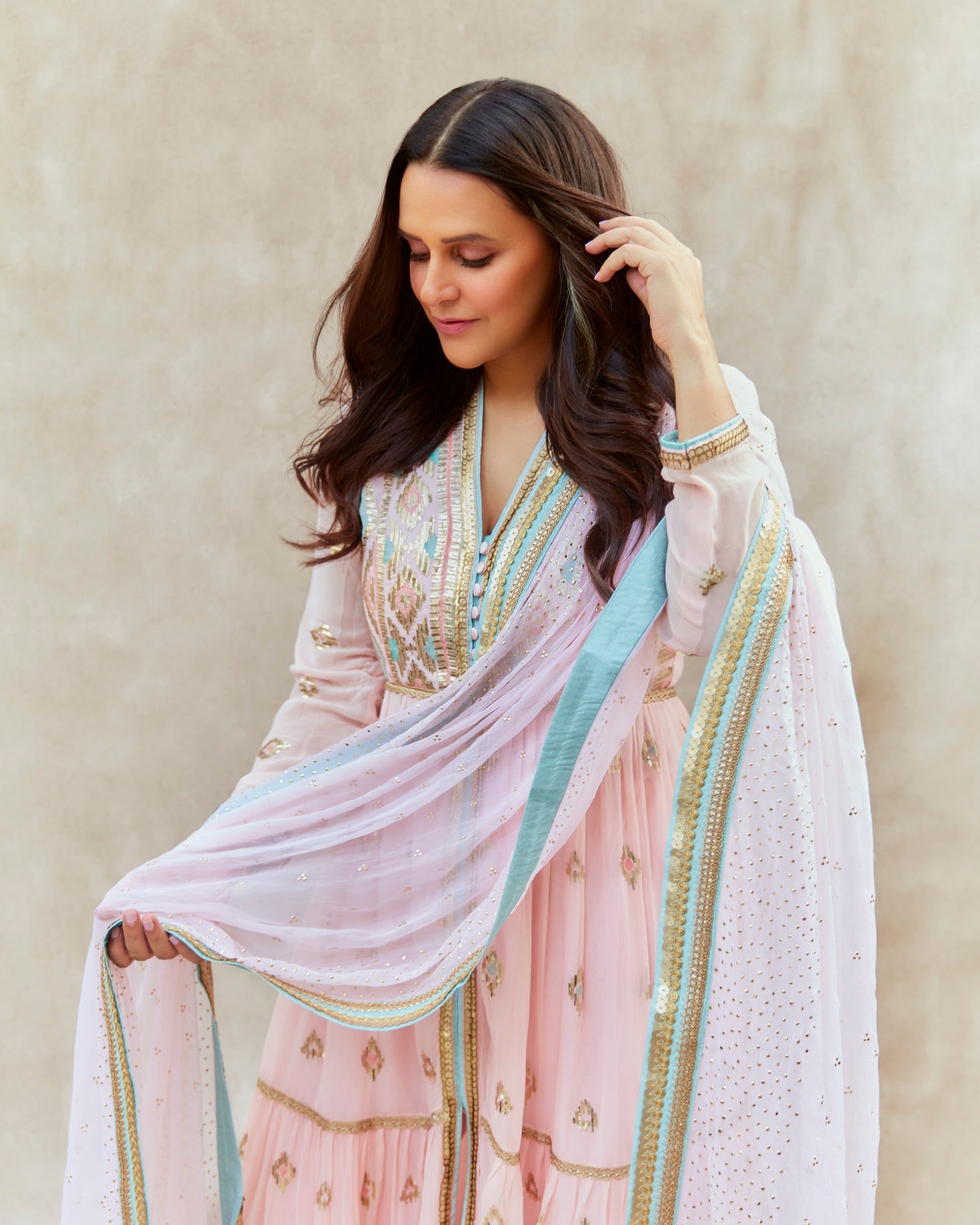 Neha Dhupia In Aziza Tiered Ag Set