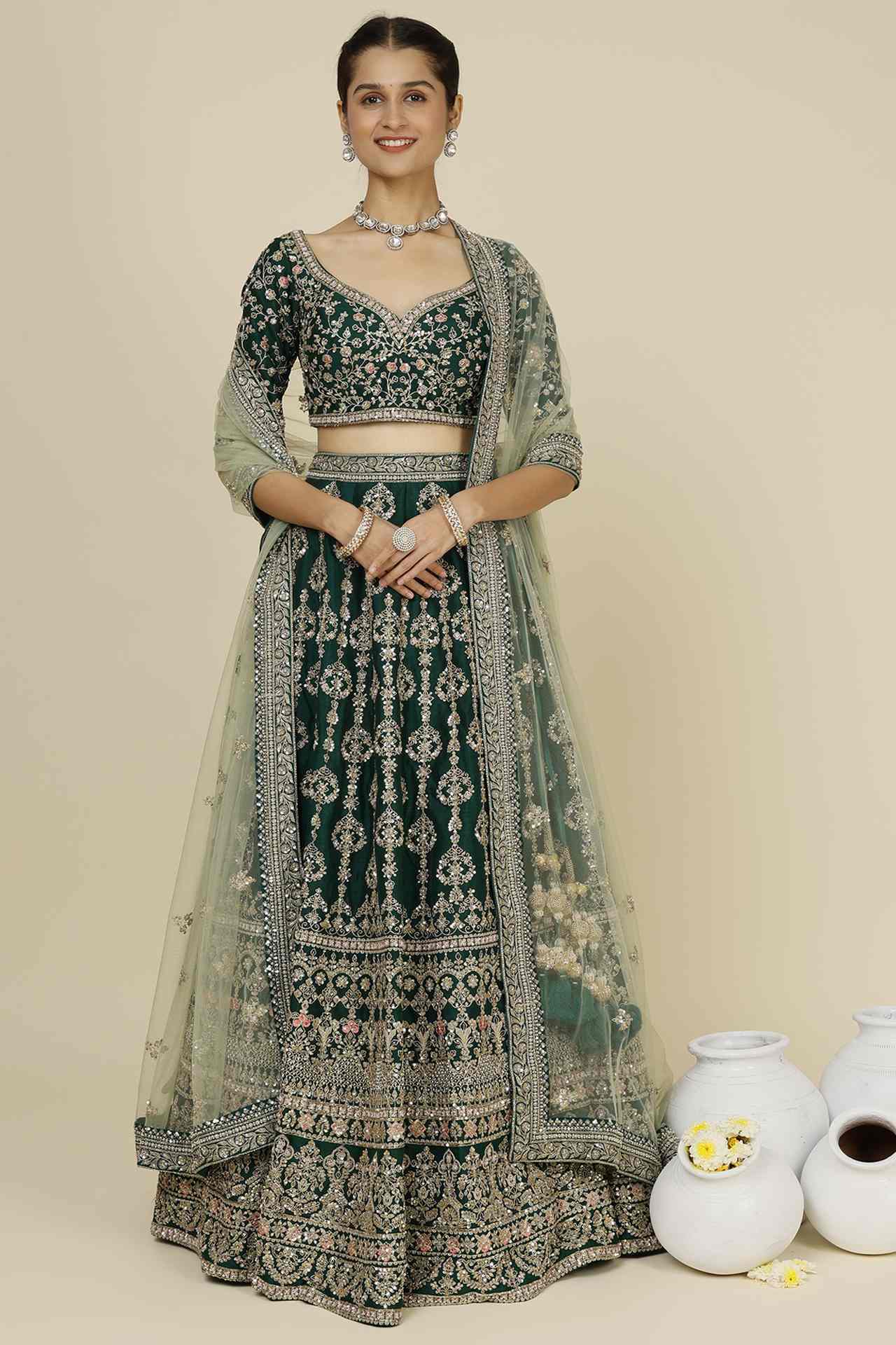 Bottle Green Embellished Lehenga Set