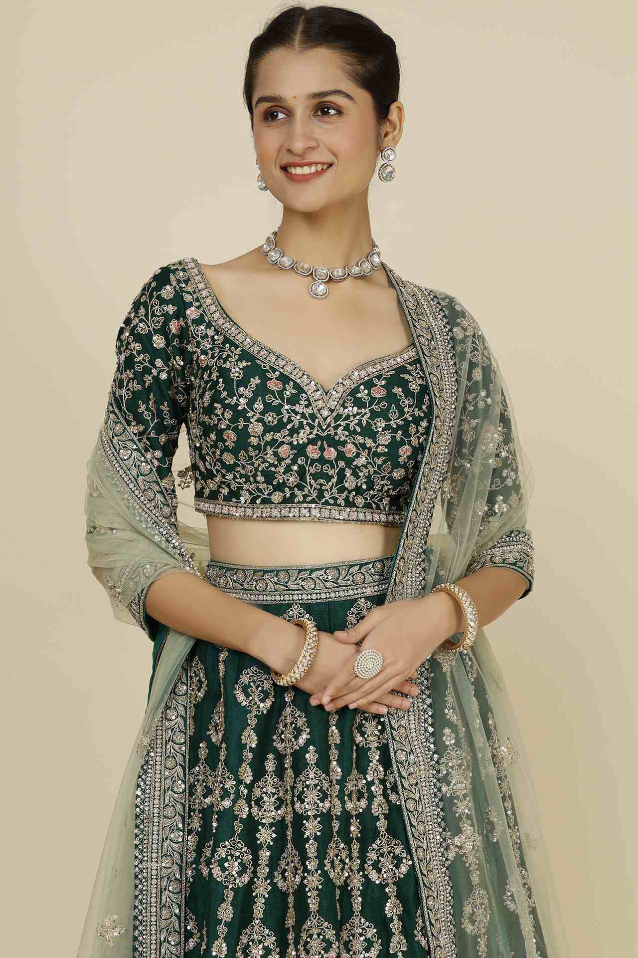 Bottle Green Embellished Lehenga Set