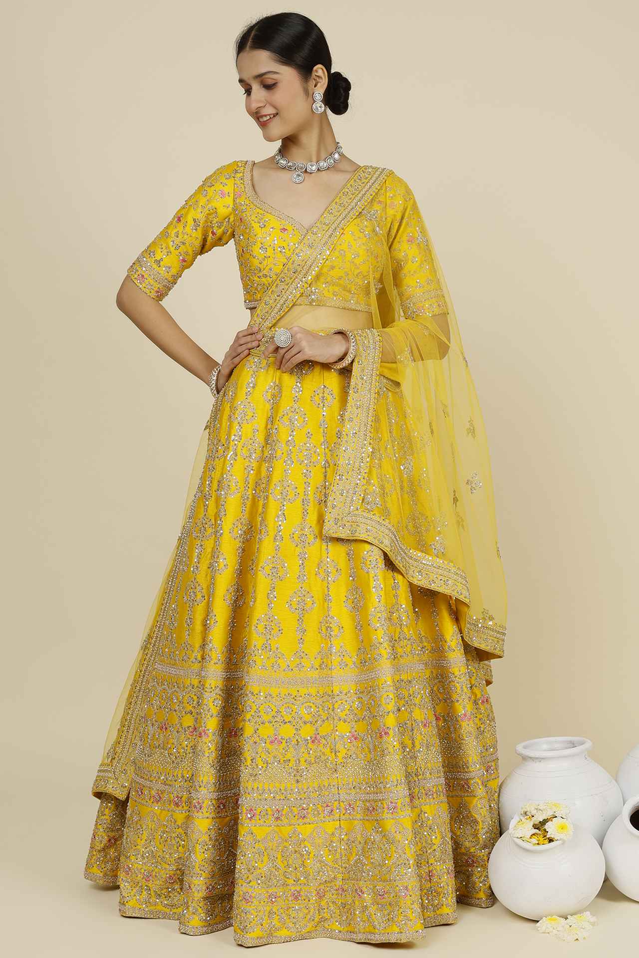 Yellow Silk Embellished Lehenga Set