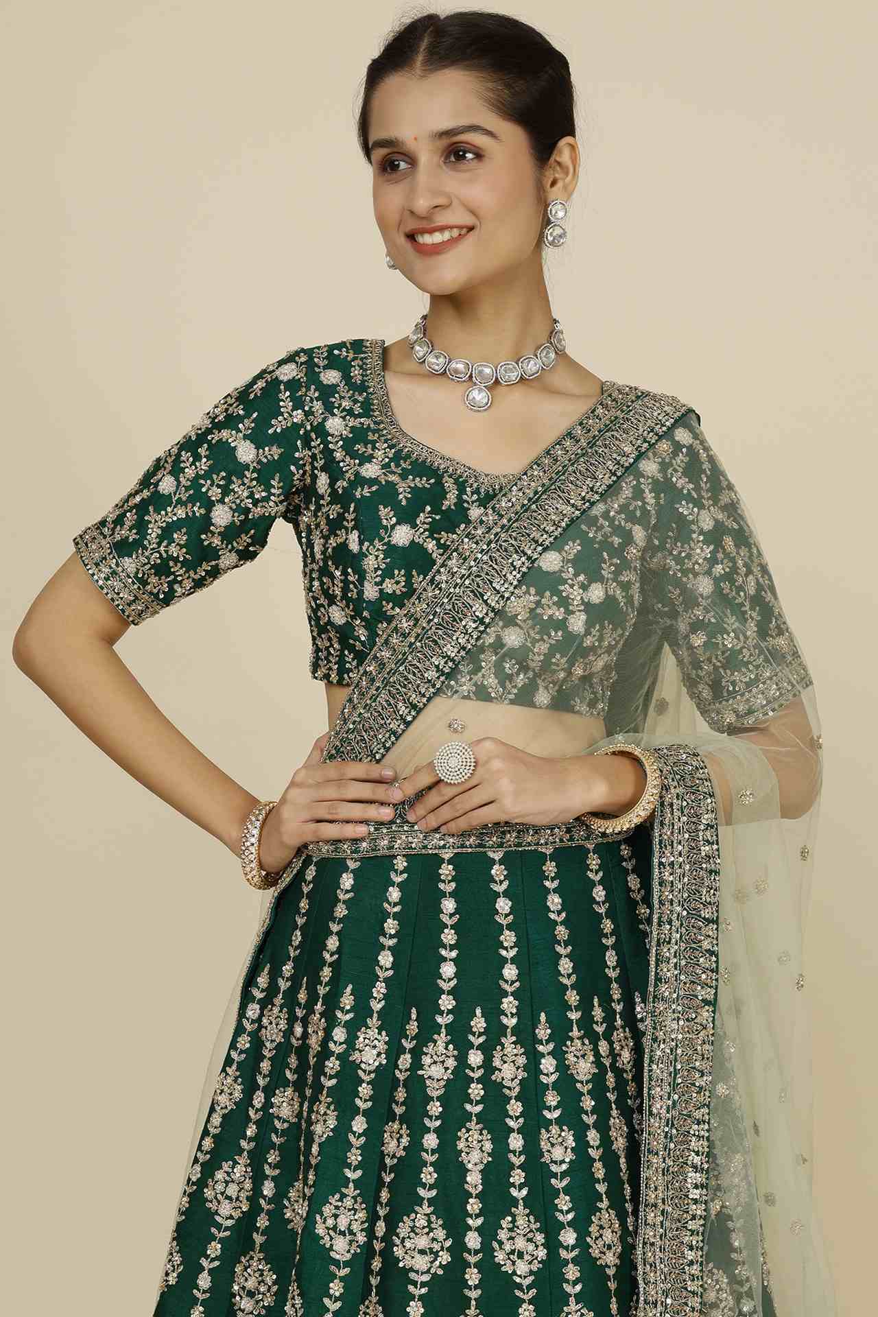 Bottle Green Raw Silk Embellished Lehenga Set