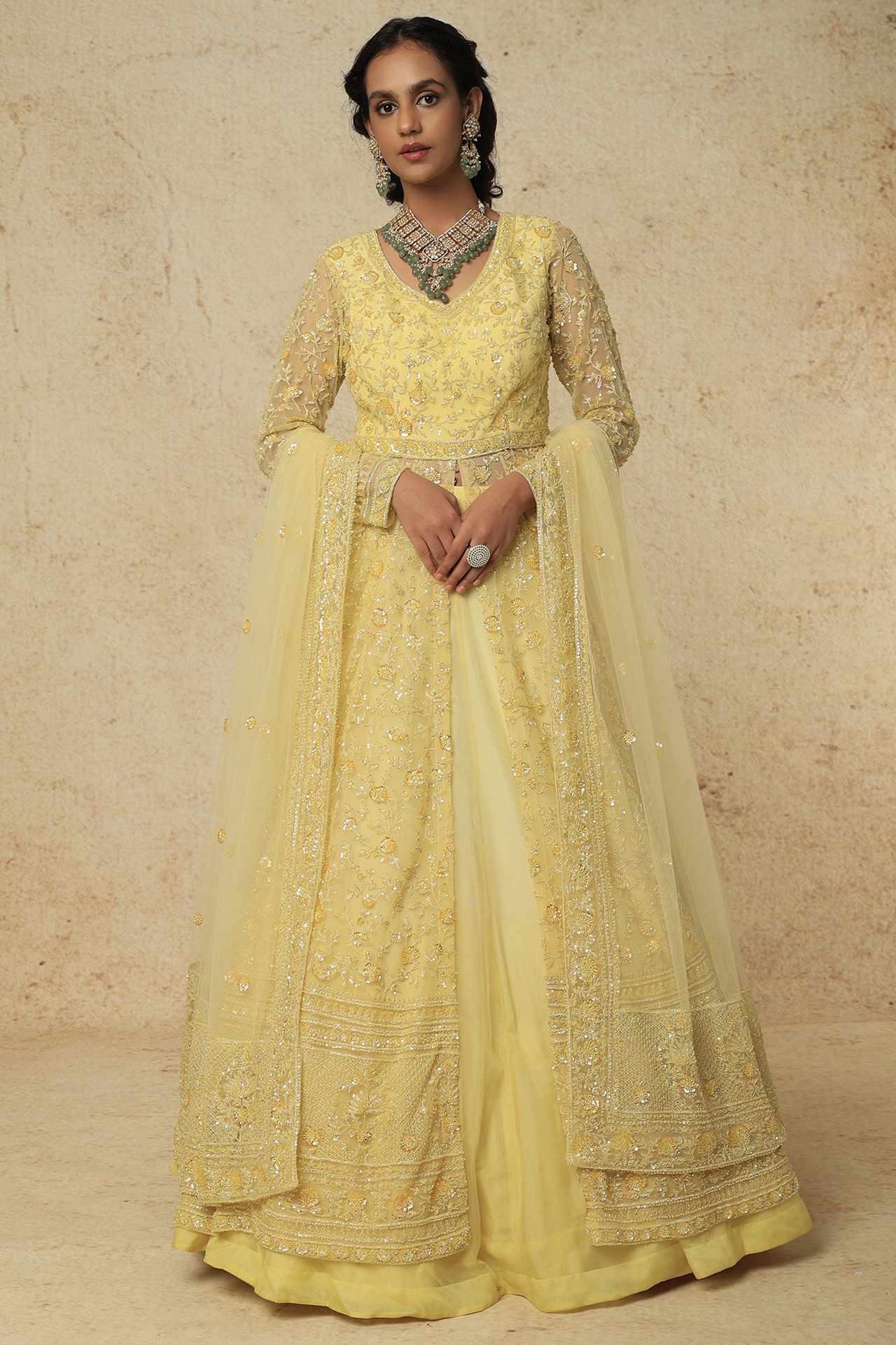 Mustard Embroidered Jacket Lehenga Set