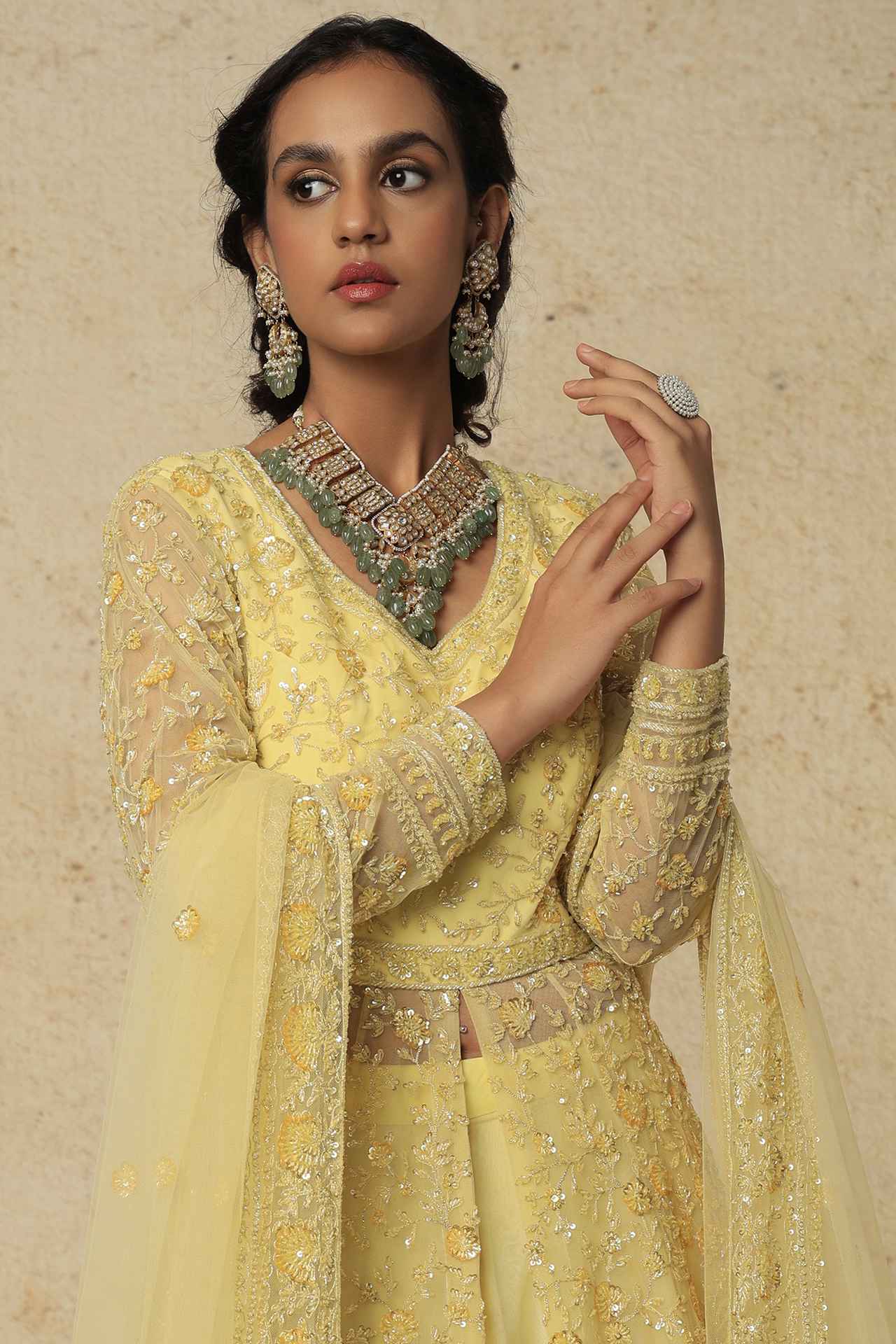 Mustard Embroidered Jacket Lehenga Set