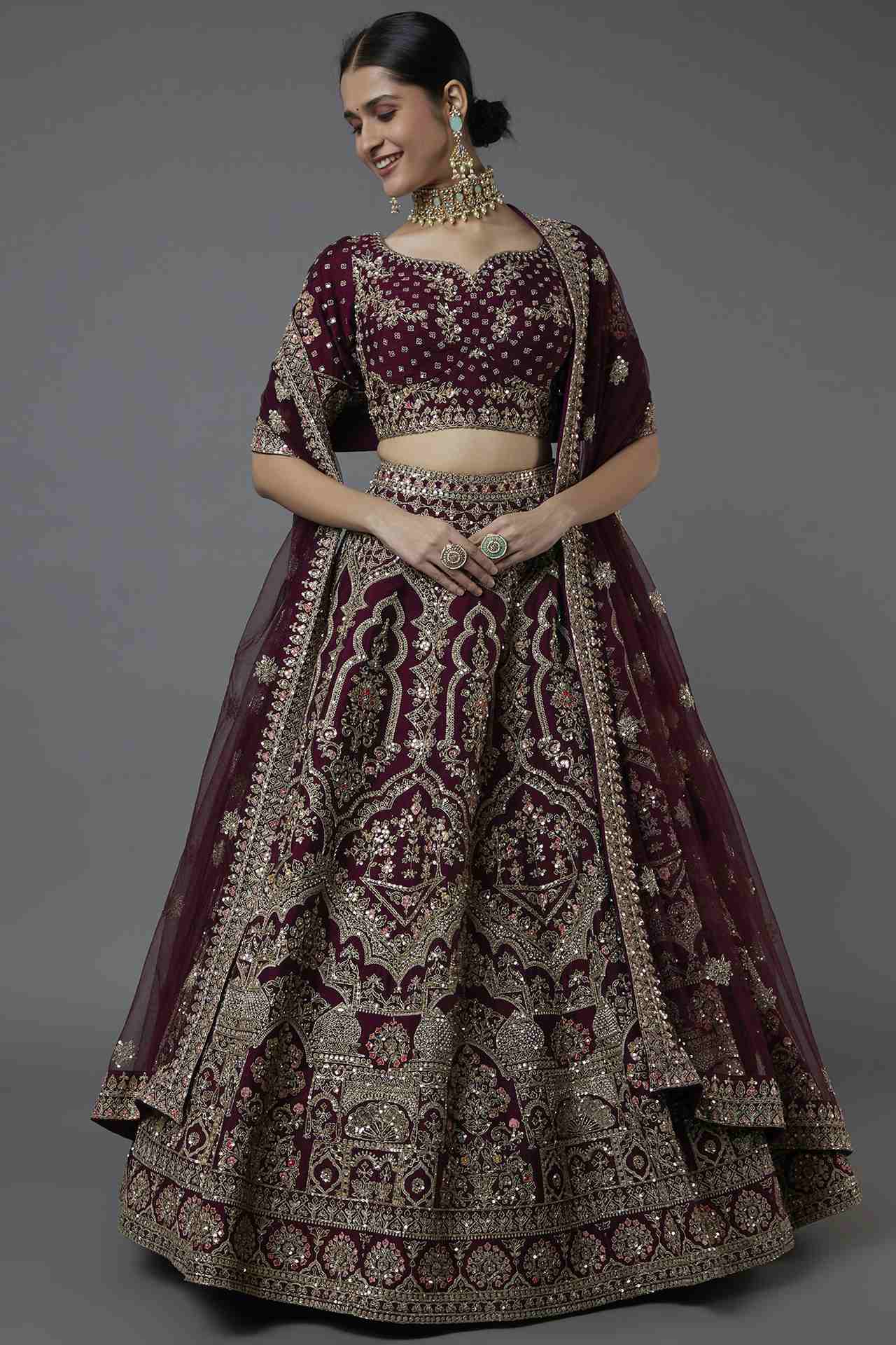 Wine Embroidered Lehenga Set