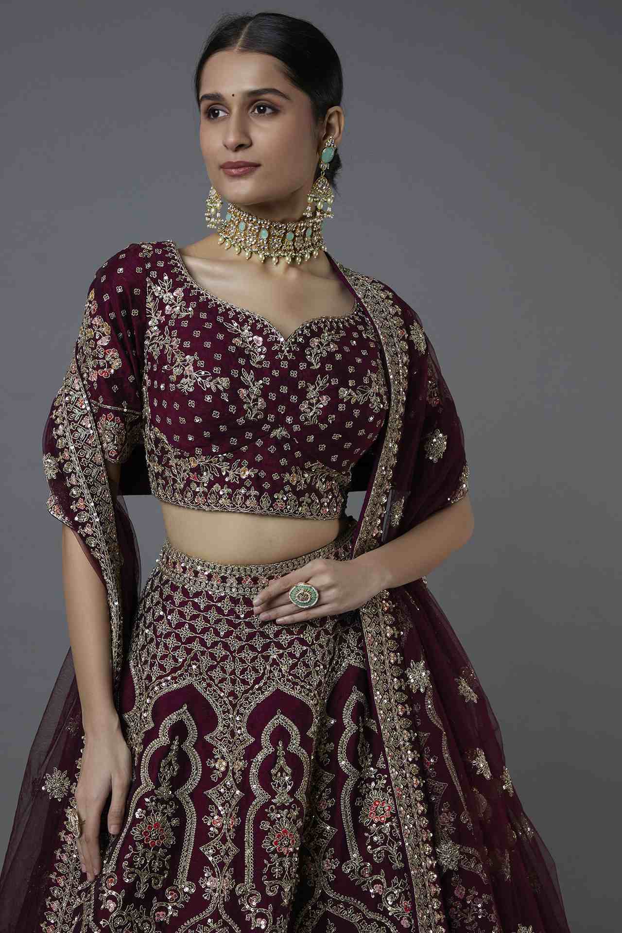 Wine Embroidered Lehenga Set