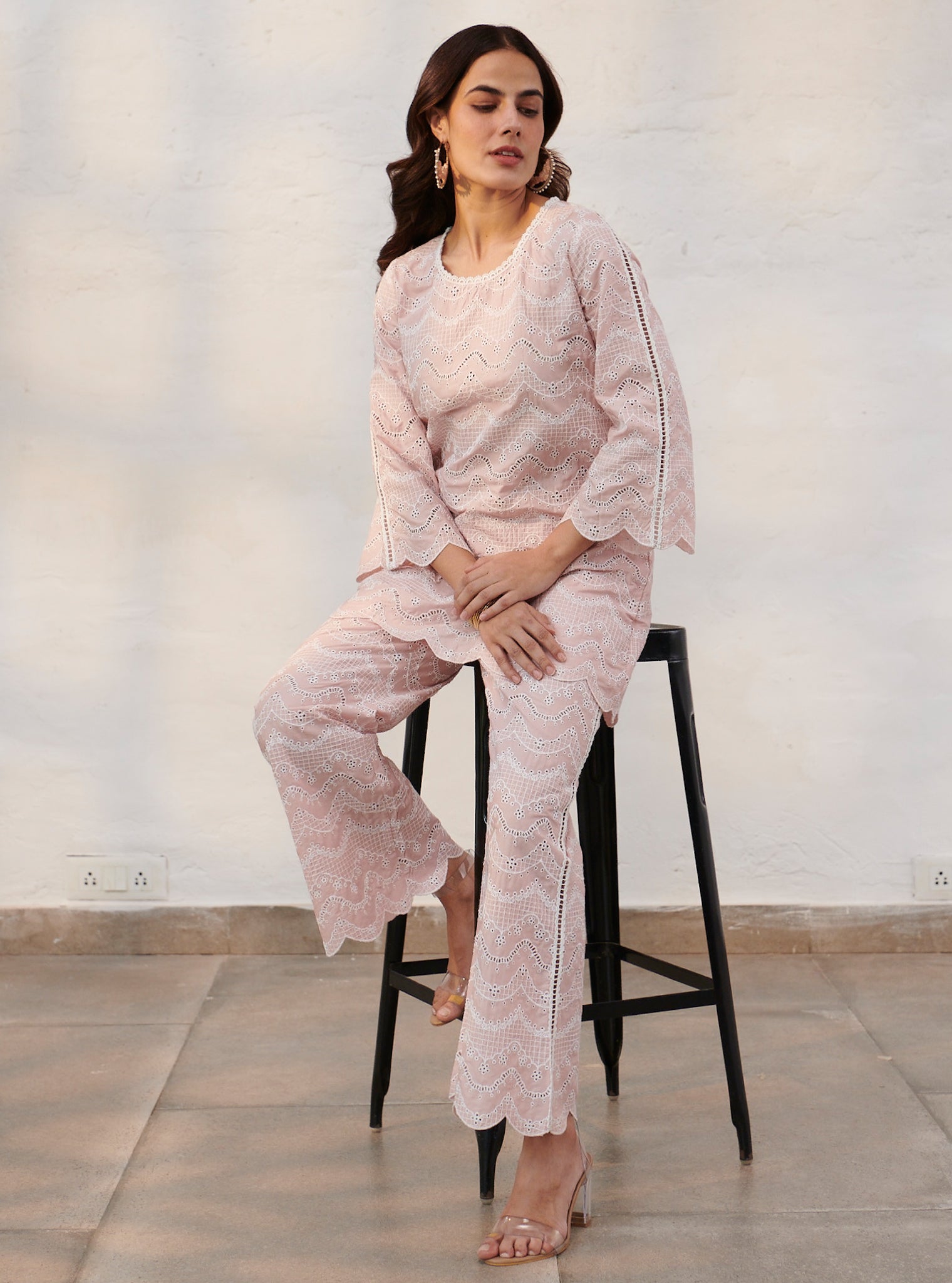 Mulmul Cotton Preston Pink Top With Preston Pink Pant