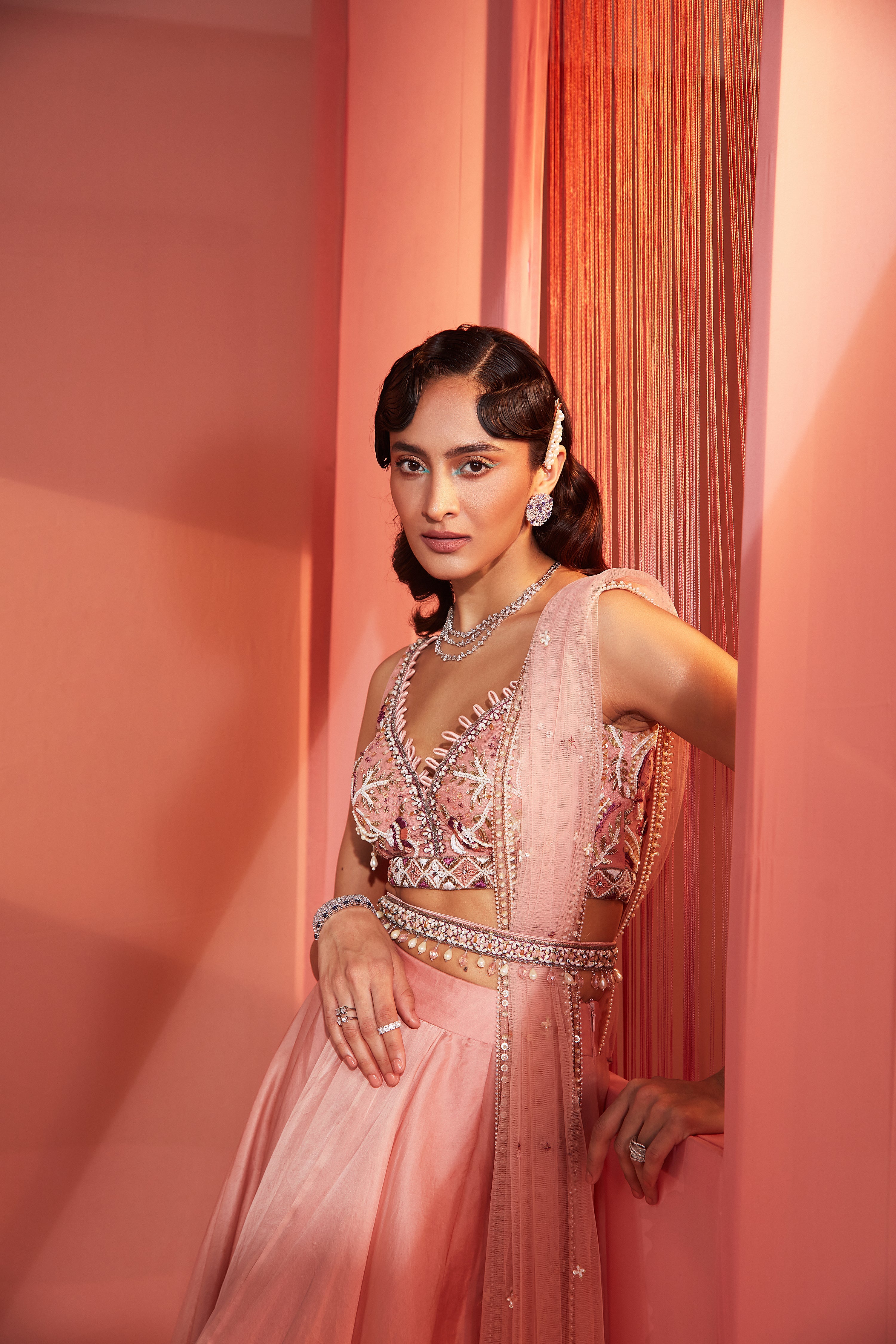 Dusty Pink Blouse And Organza Lehenga Set