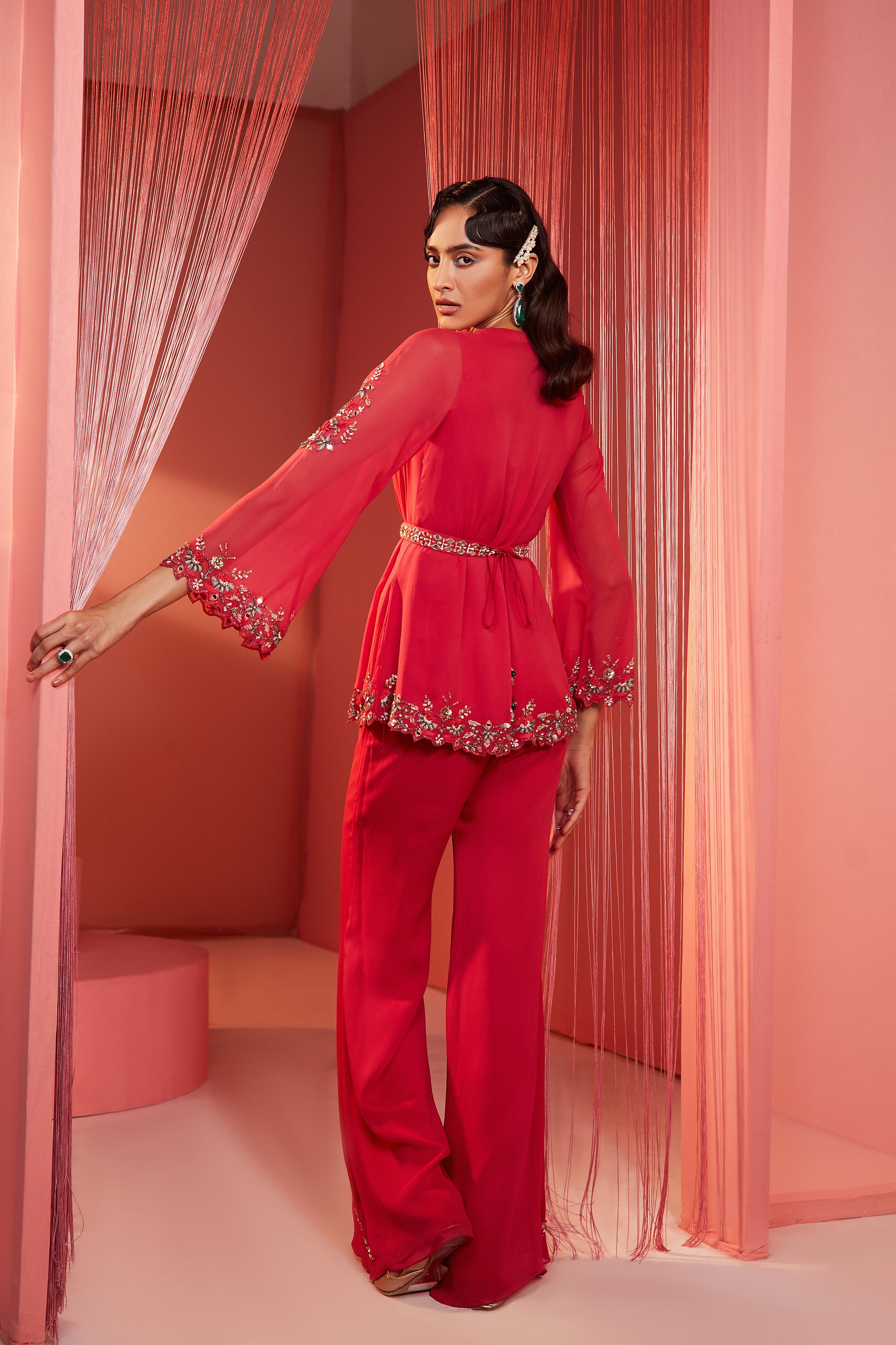 Coral Red Double Flap Kurta And Pants