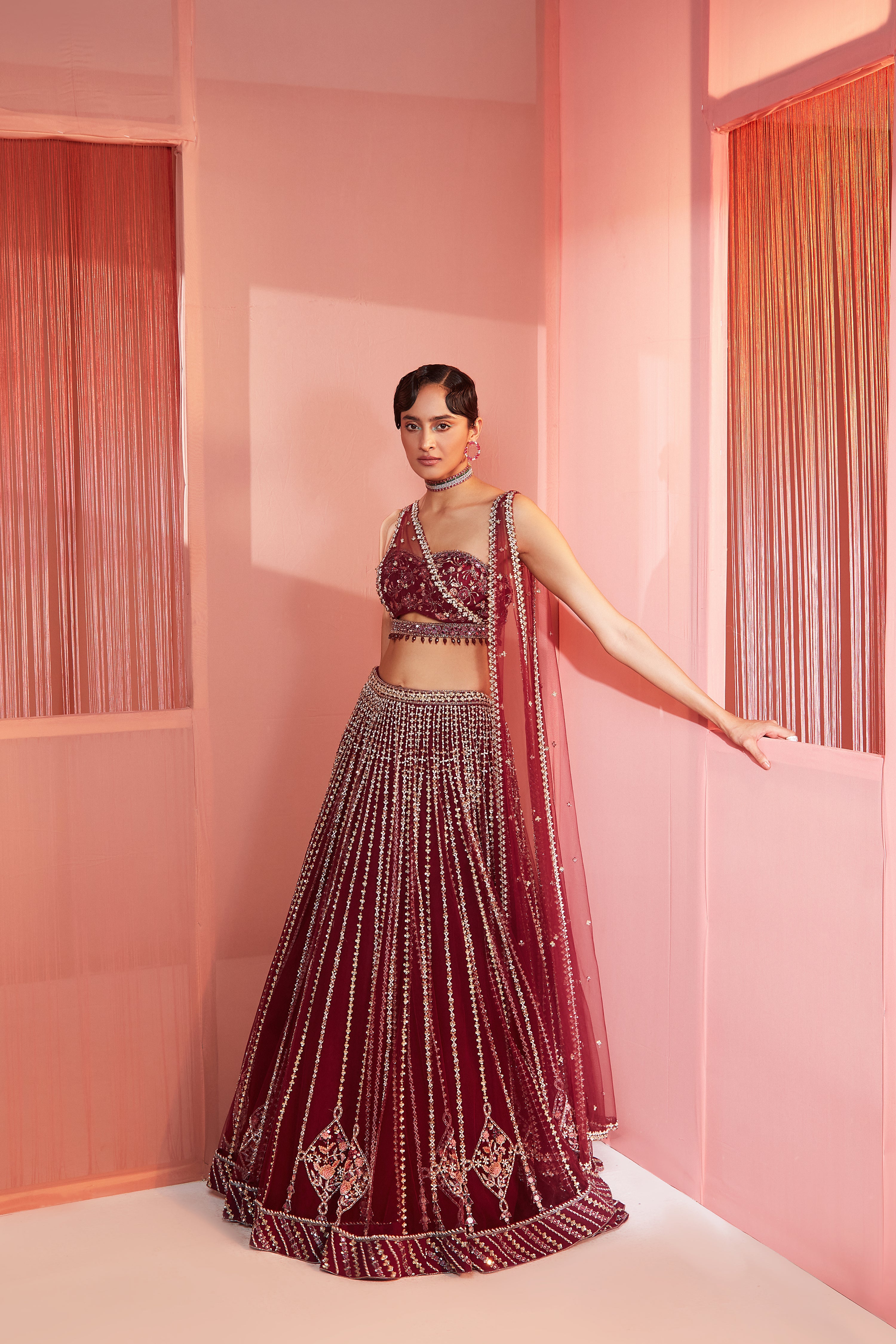 Plum Embroidered Lehenga And Blouse With Double Dupatta