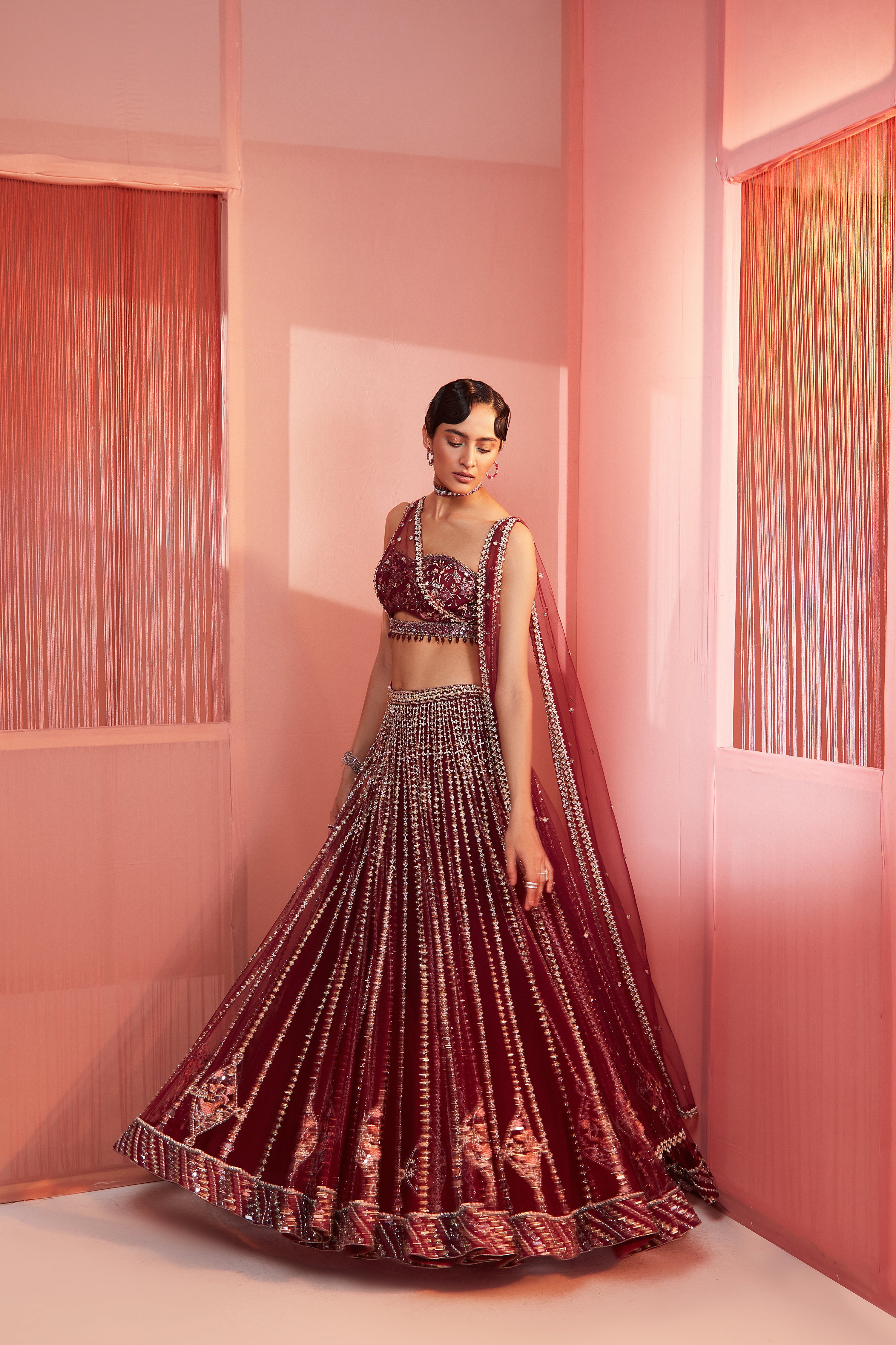 Plum Embroidered Lehenga And Blouse With Double Dupatta
