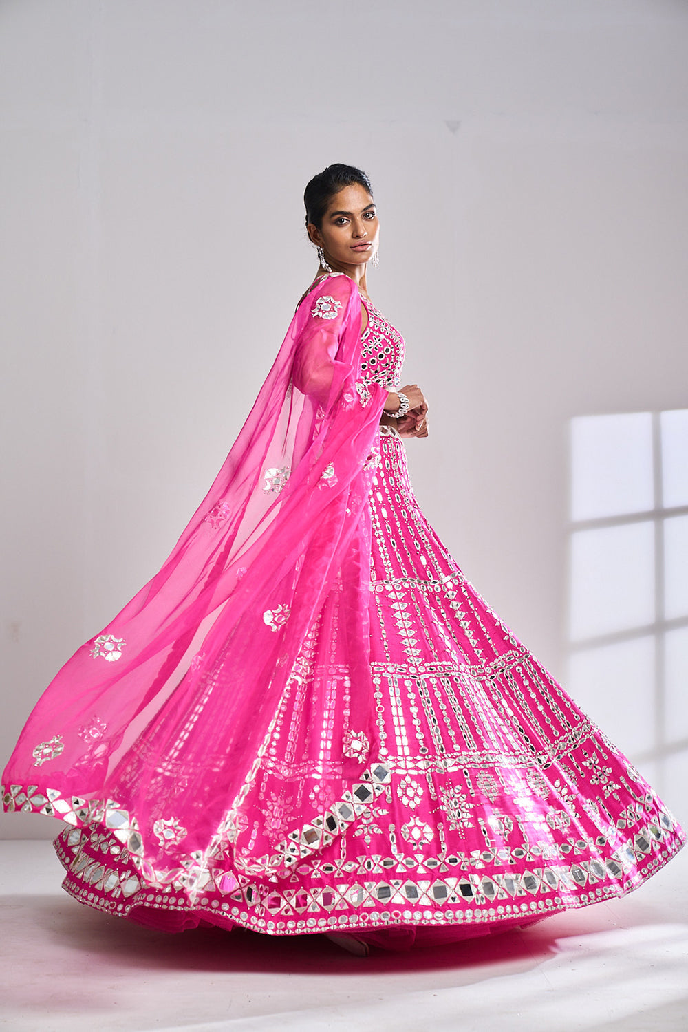Fuchsia Mirror Work Lehenga Set