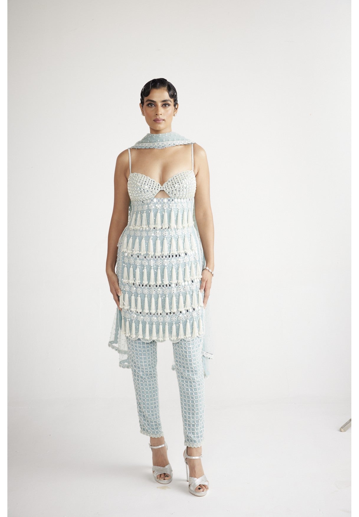 Powder Blue Chandelier Pearl Drop Pant Kurta Set
