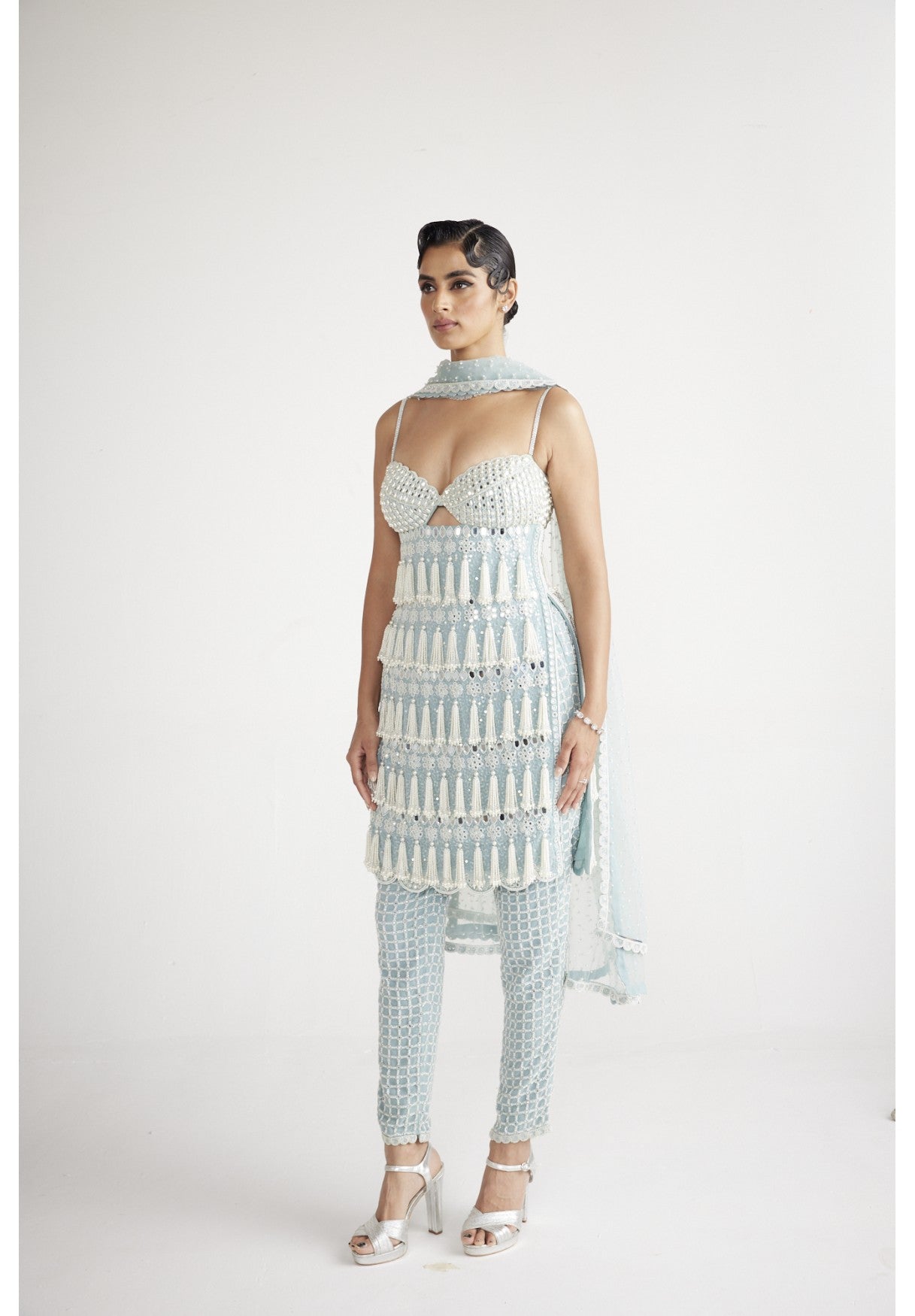 Powder Blue Chandelier Pearl Drop Pant Kurta Set