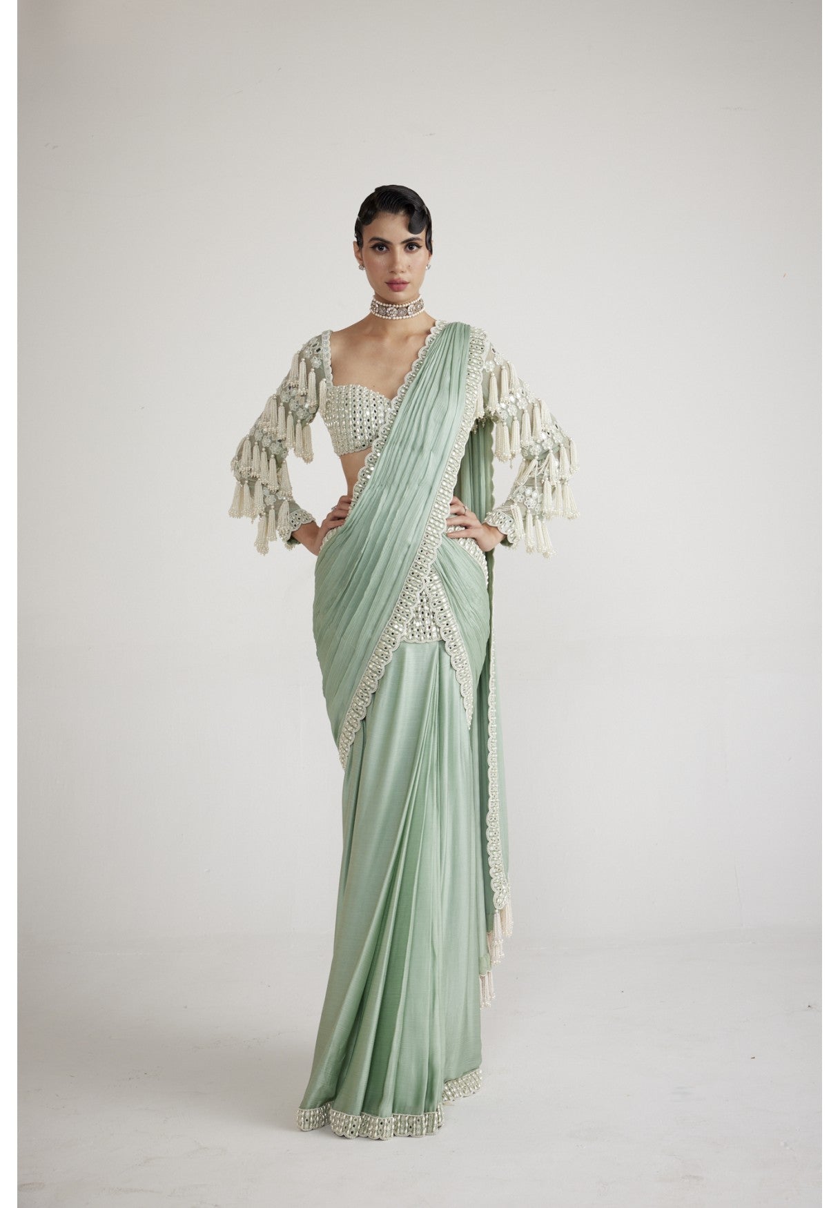 Powder Mint Green Chandelier Drop Saree Set