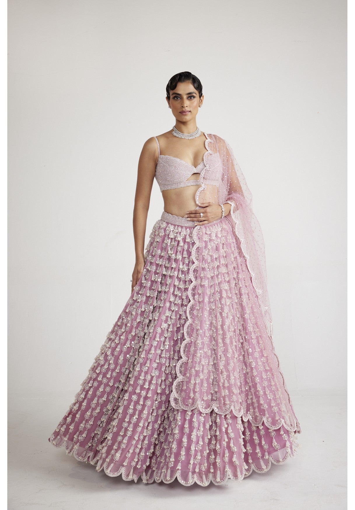 Onion Pink Chandelier Pearl Drop Lehenga Set