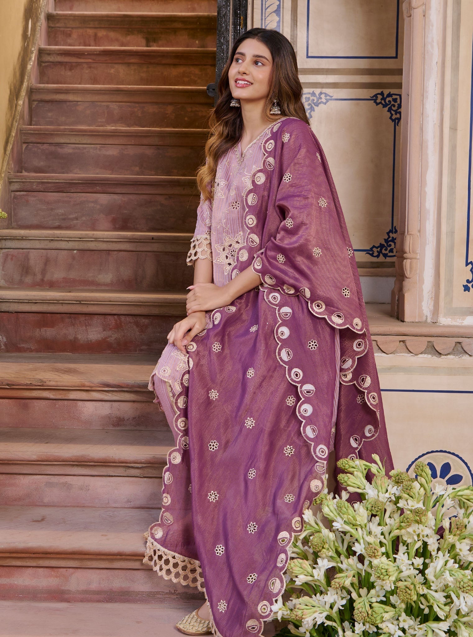 Mulmul Banarsi Magan Lilac Kurta With Mulmul Banarsi Magan Lilac Dhoti Pant