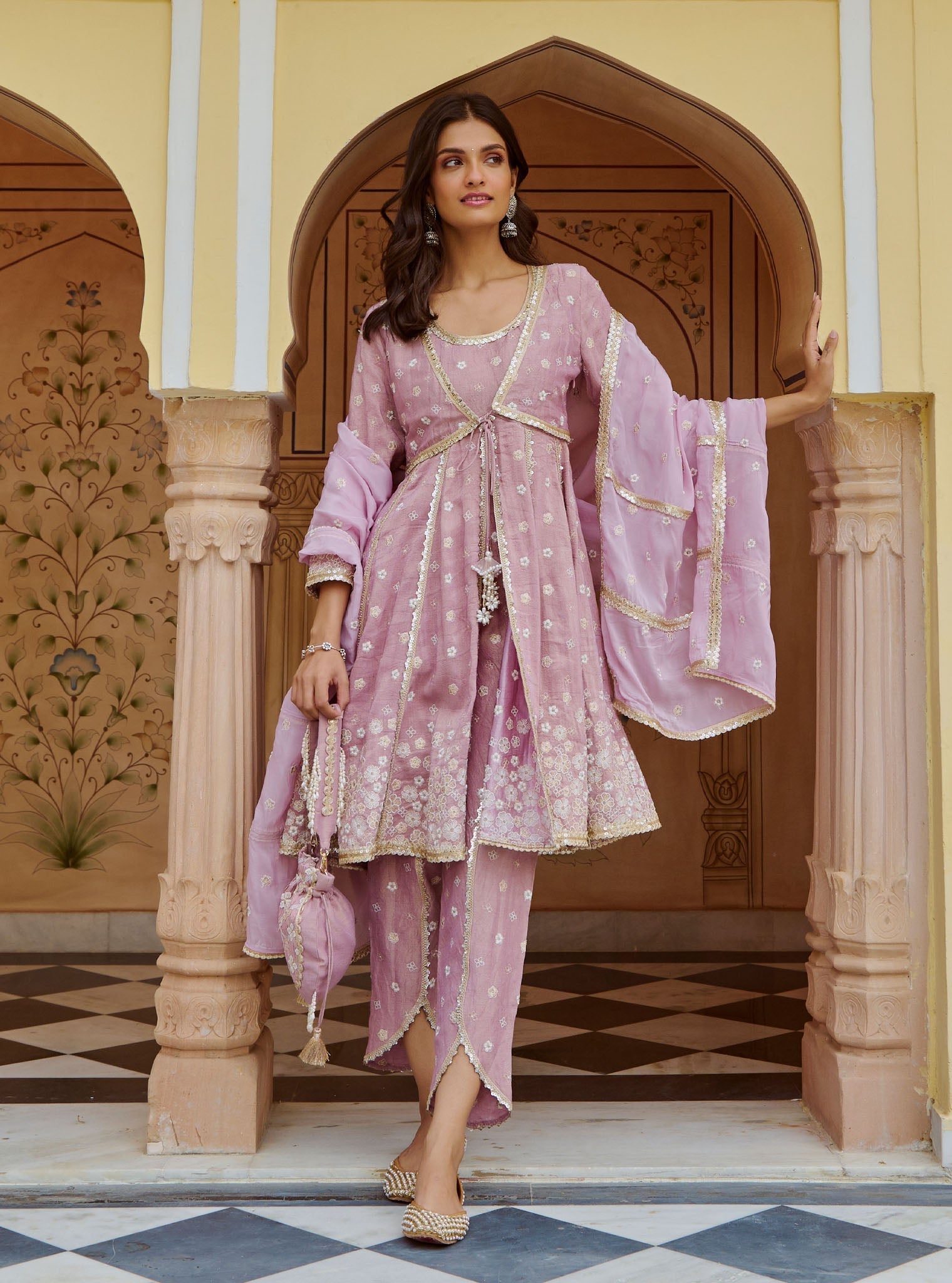 Mulmul Tissue Satin Sajeya Lilac Anarkali Kurta With Mulmul Luxe Tissue Satin Sajeya Lilac Dhoti Pant