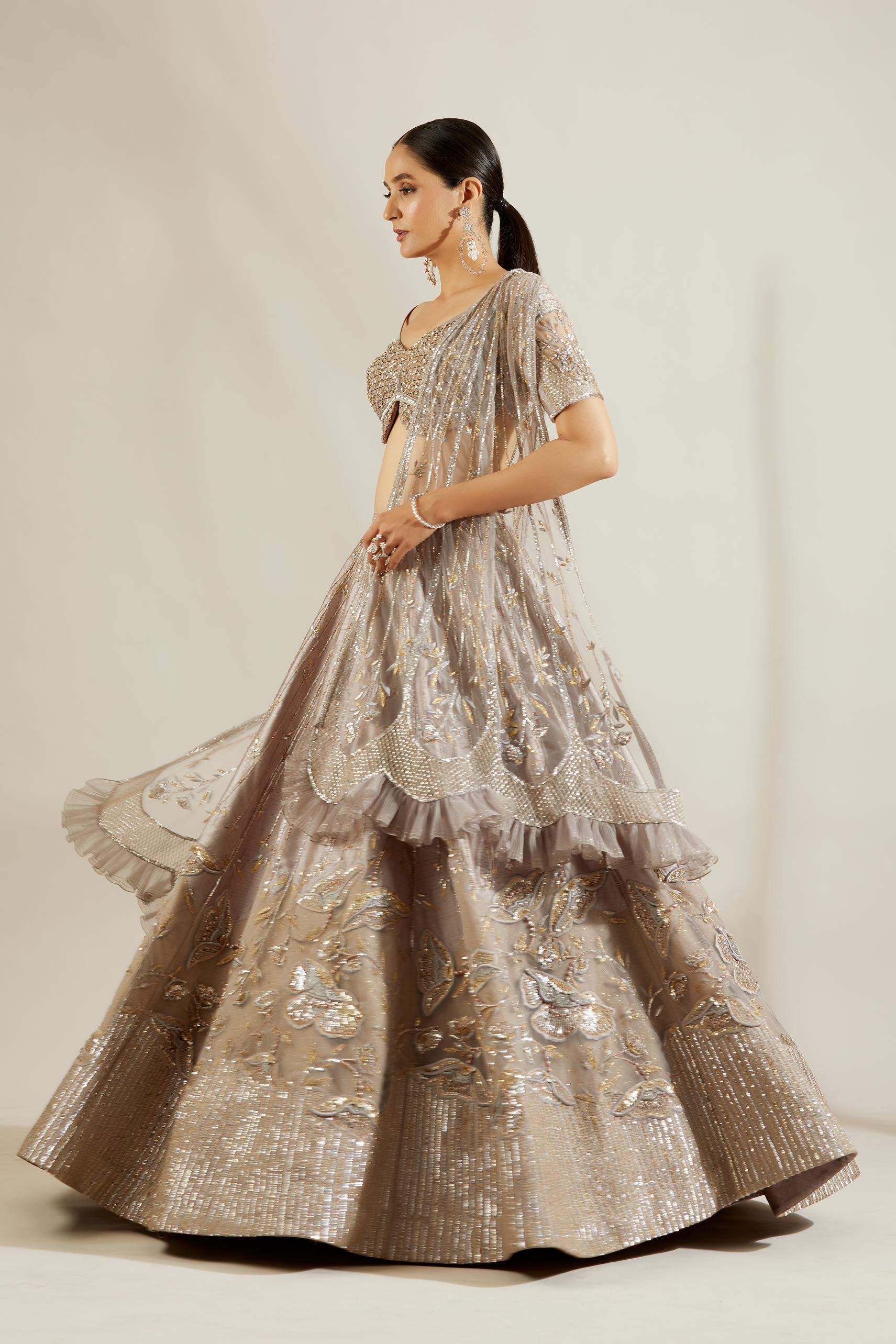 Abalone Grey Gold Floral  Lehenga