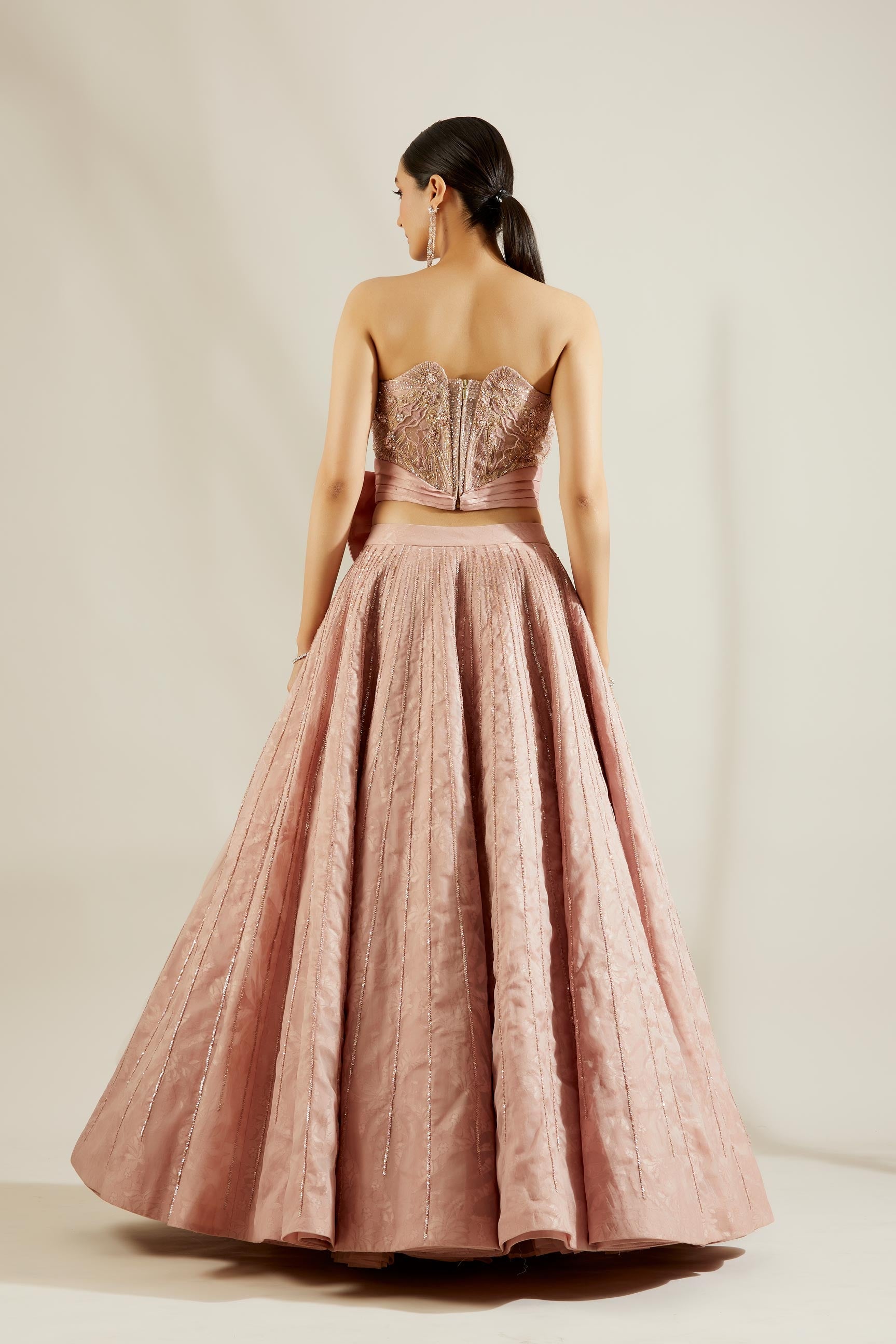 Soft Pink Corset Bow Blouse With Skirt