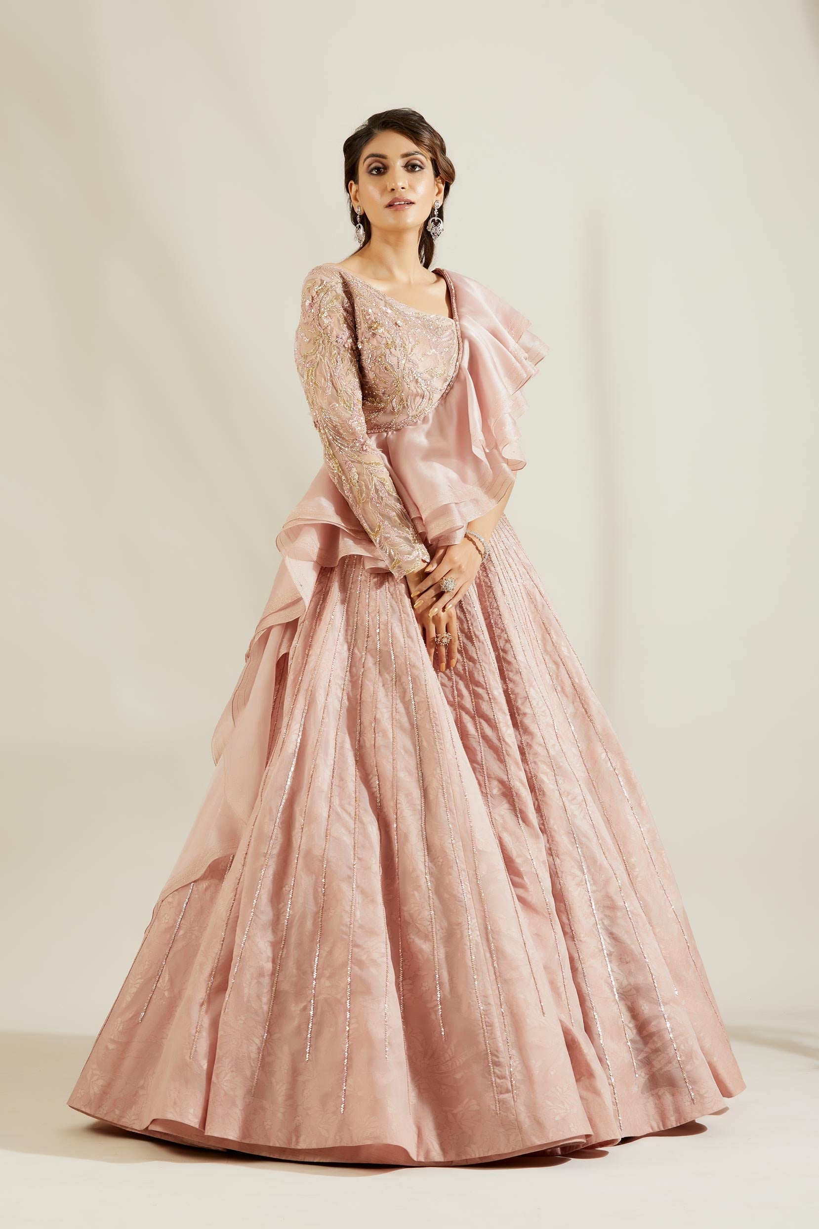 Soft Pink Ruffle Blouse with Skirt