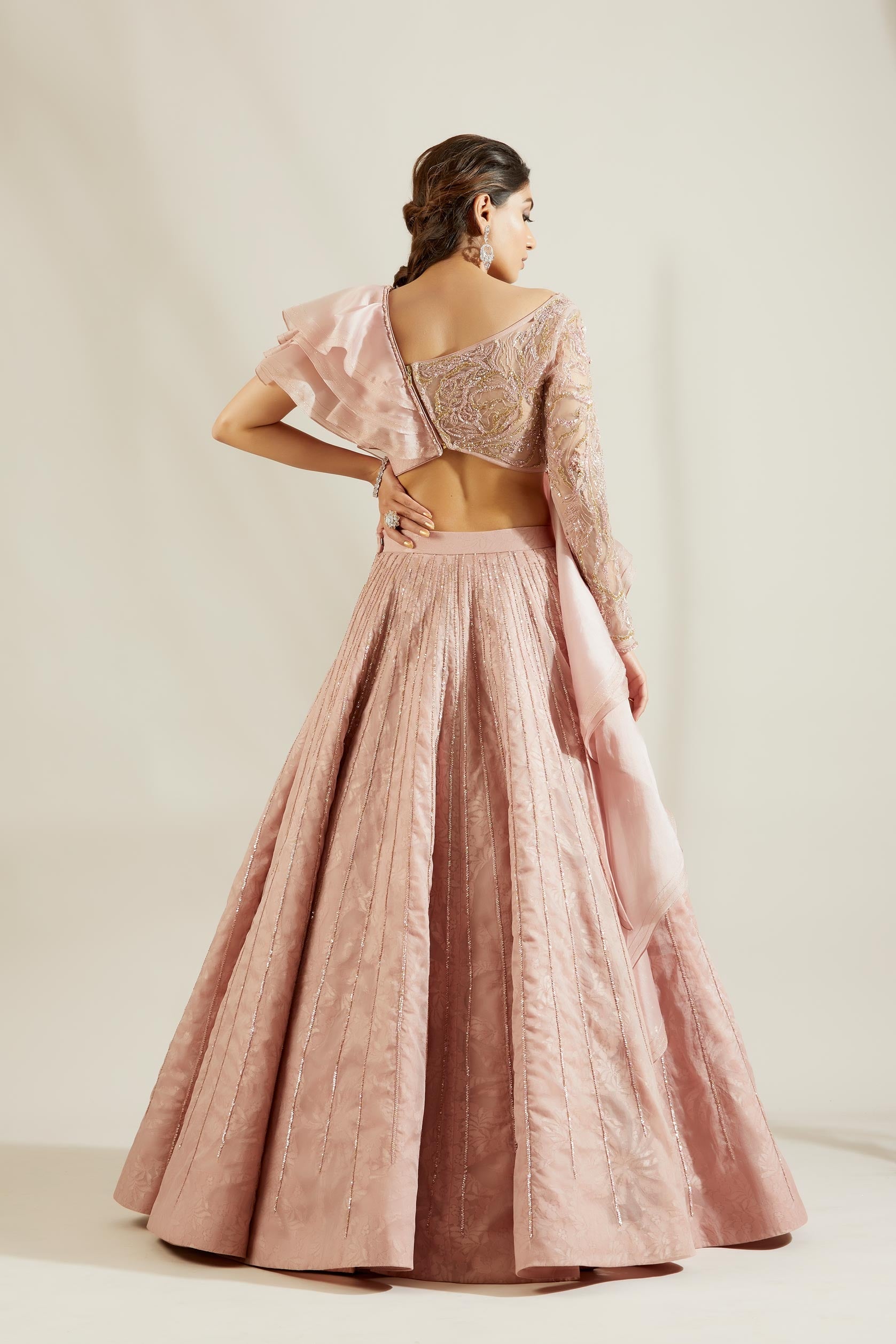 Soft Pink Ruffle Blouse with Skirt