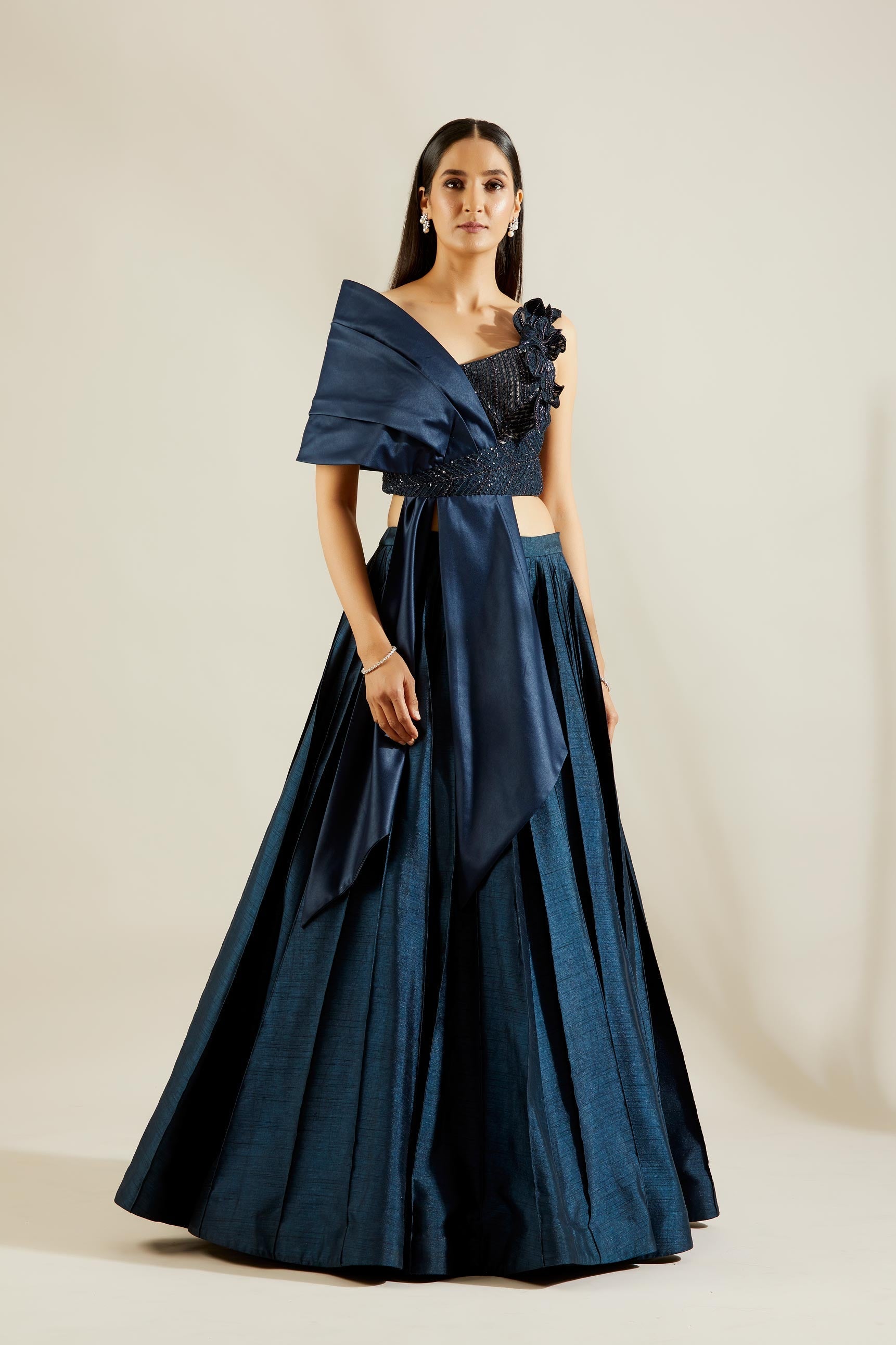 Midnight Blue Bow Blouse with Skirt