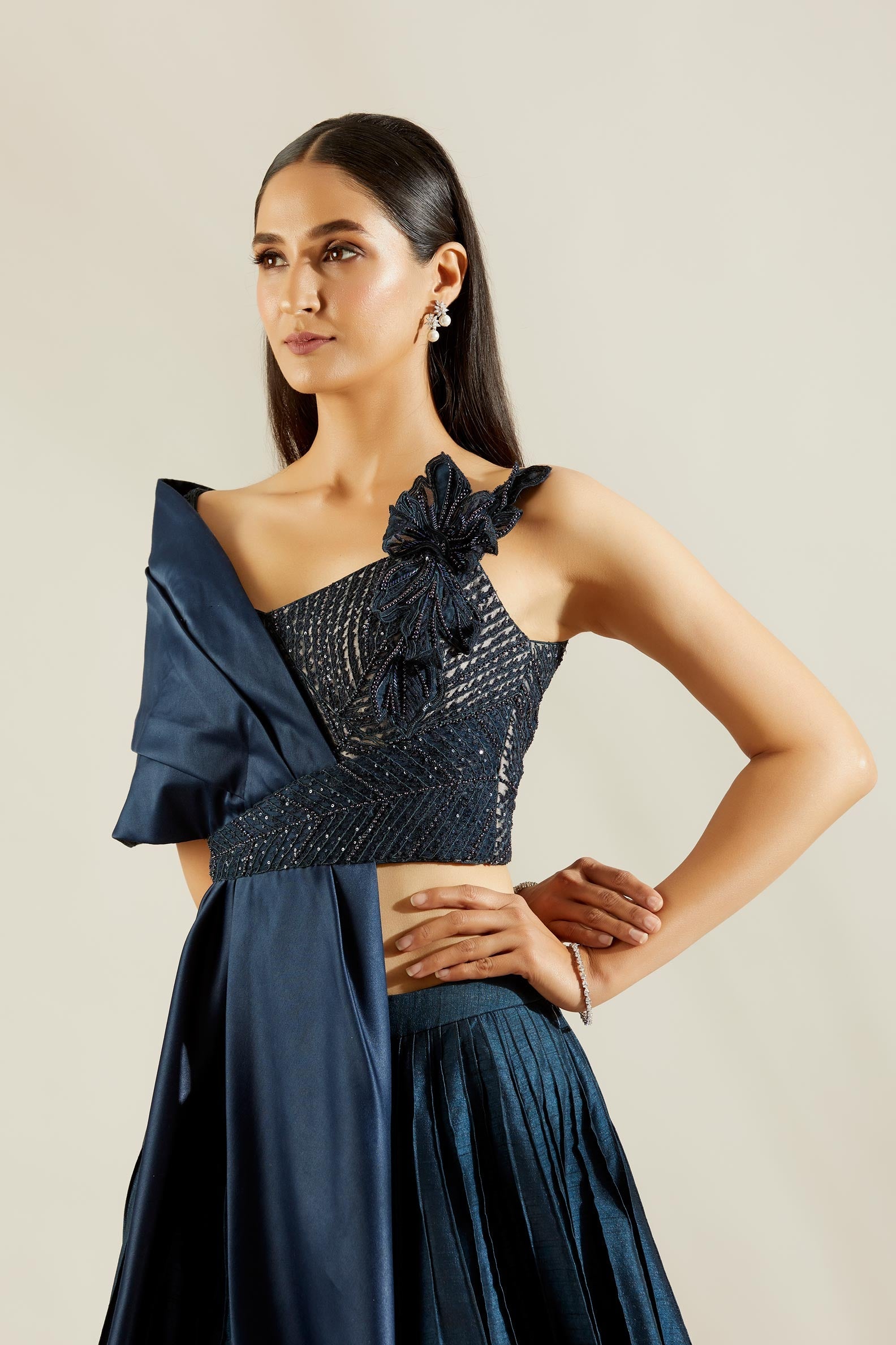 Midnight Blue Bow Blouse with Skirt