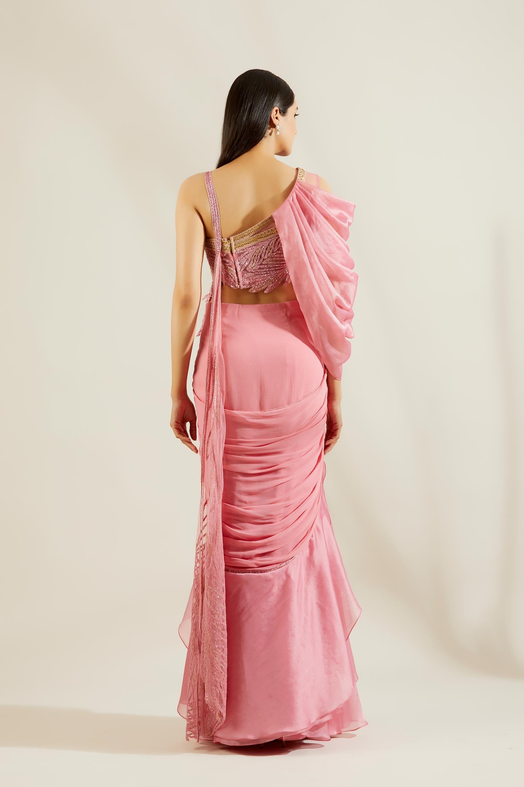 Pink Leaf Embellished Saree
