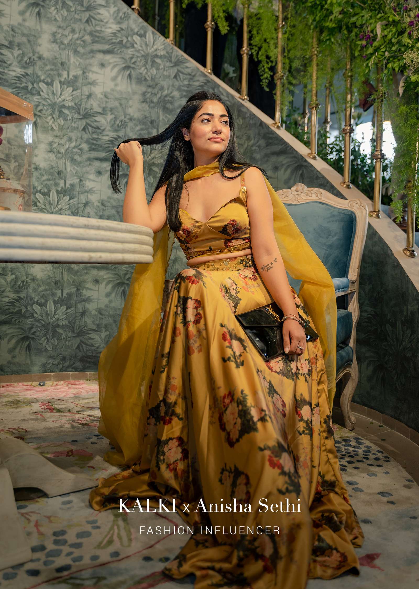 Mustard Gold Satin Crop Top And Skirt With Floral Print And Scallop Cut Hemline