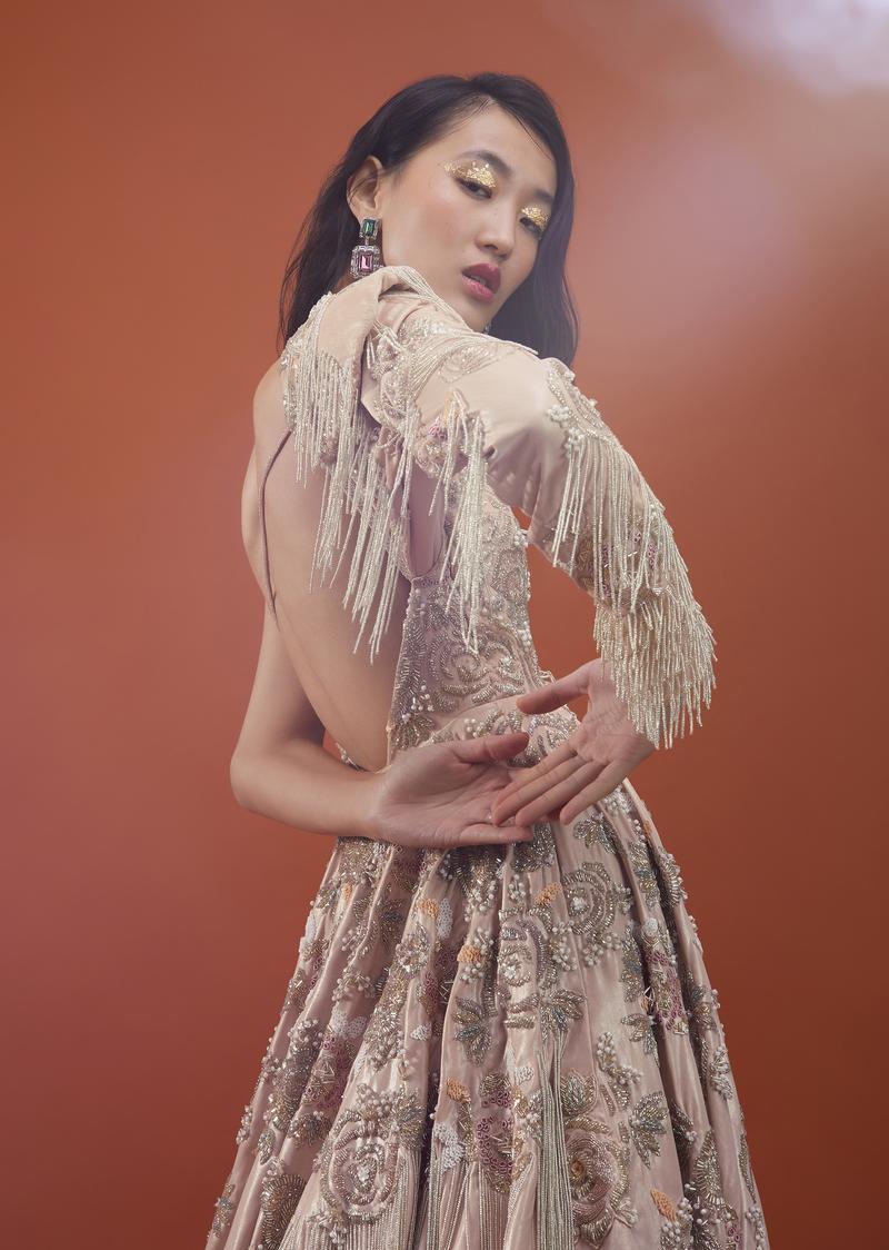 Tan Brown Gown In With Embellished Sleeve - Noor 2022