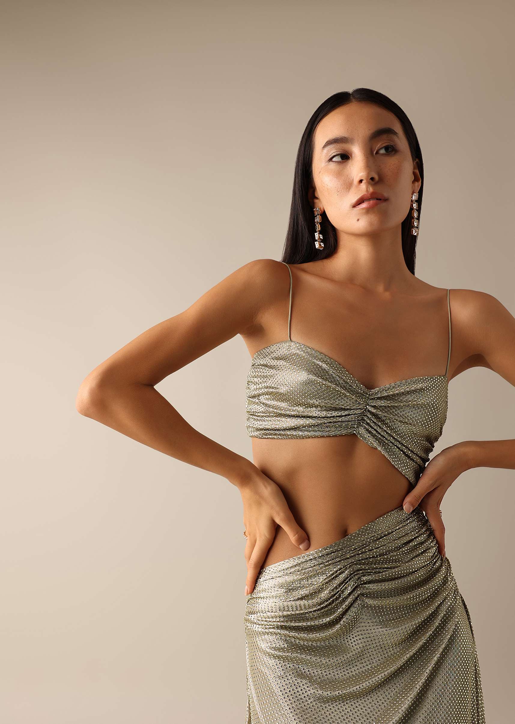 Beige Gown With Waist Cutout And Gathered Bustier