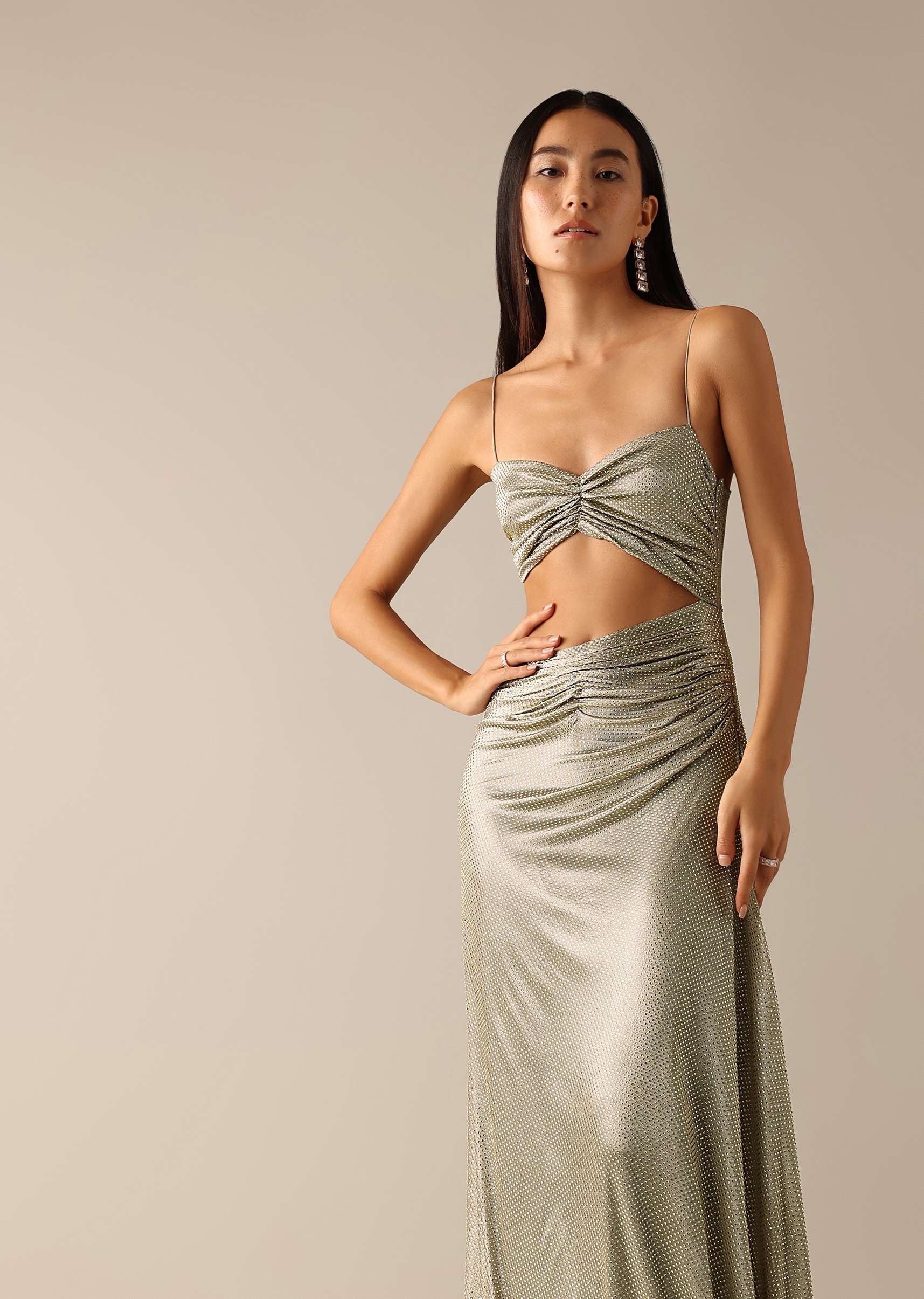 Beige Gown With Waist Cutout And Gathered Bustier