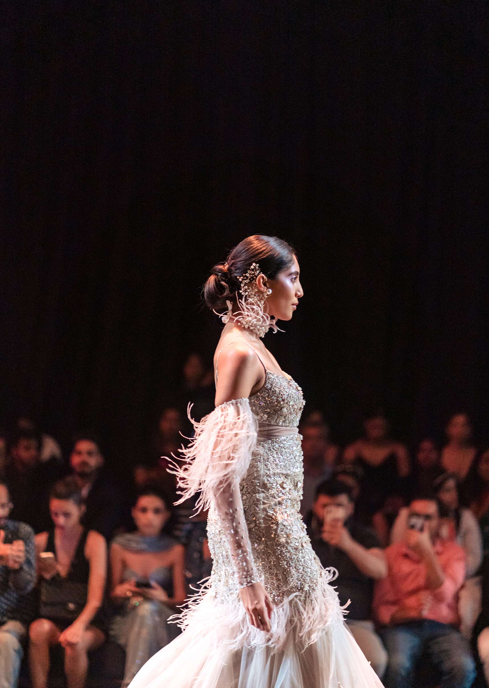 Beige Fish-Cut Gown With 3D Feathers And Floral Motif Embroidery