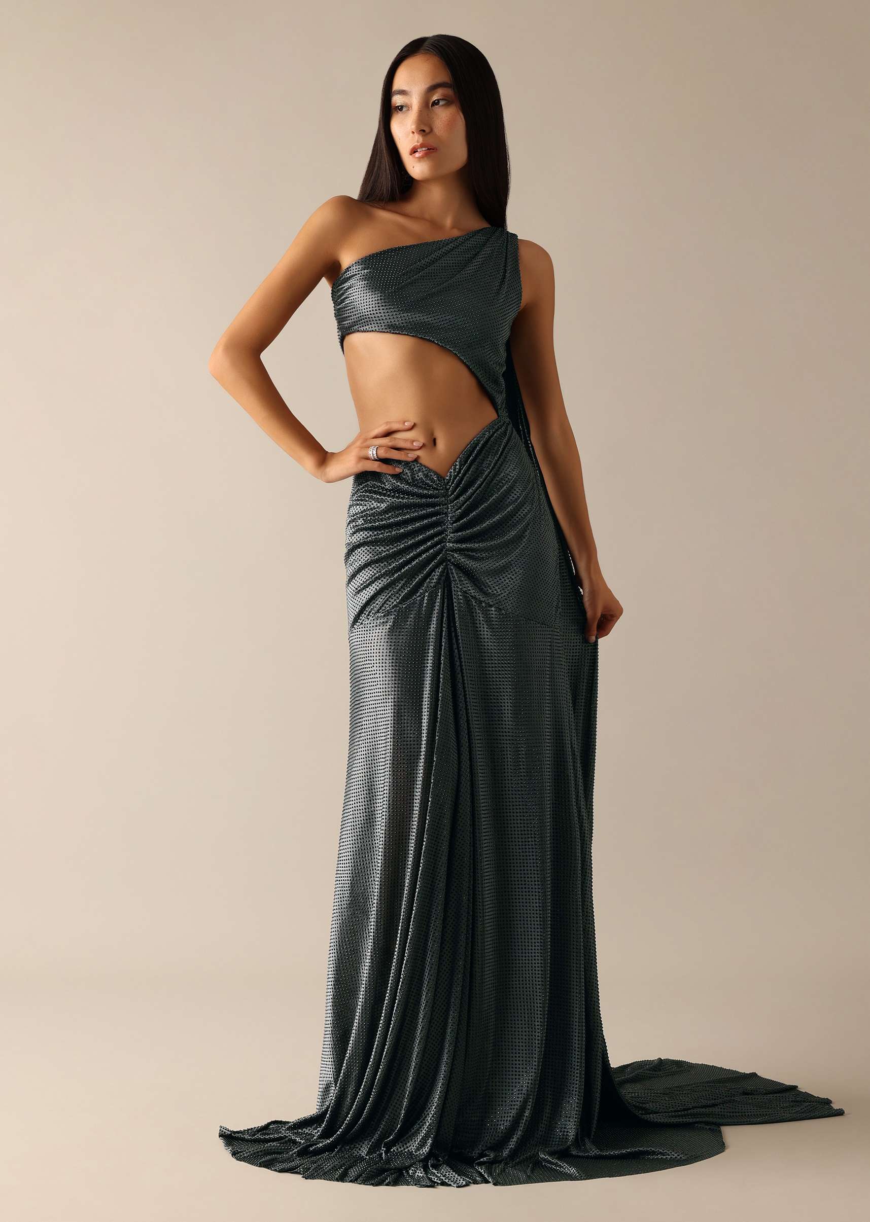 Black One Shoulder Fishcut Gown With Attached Drape