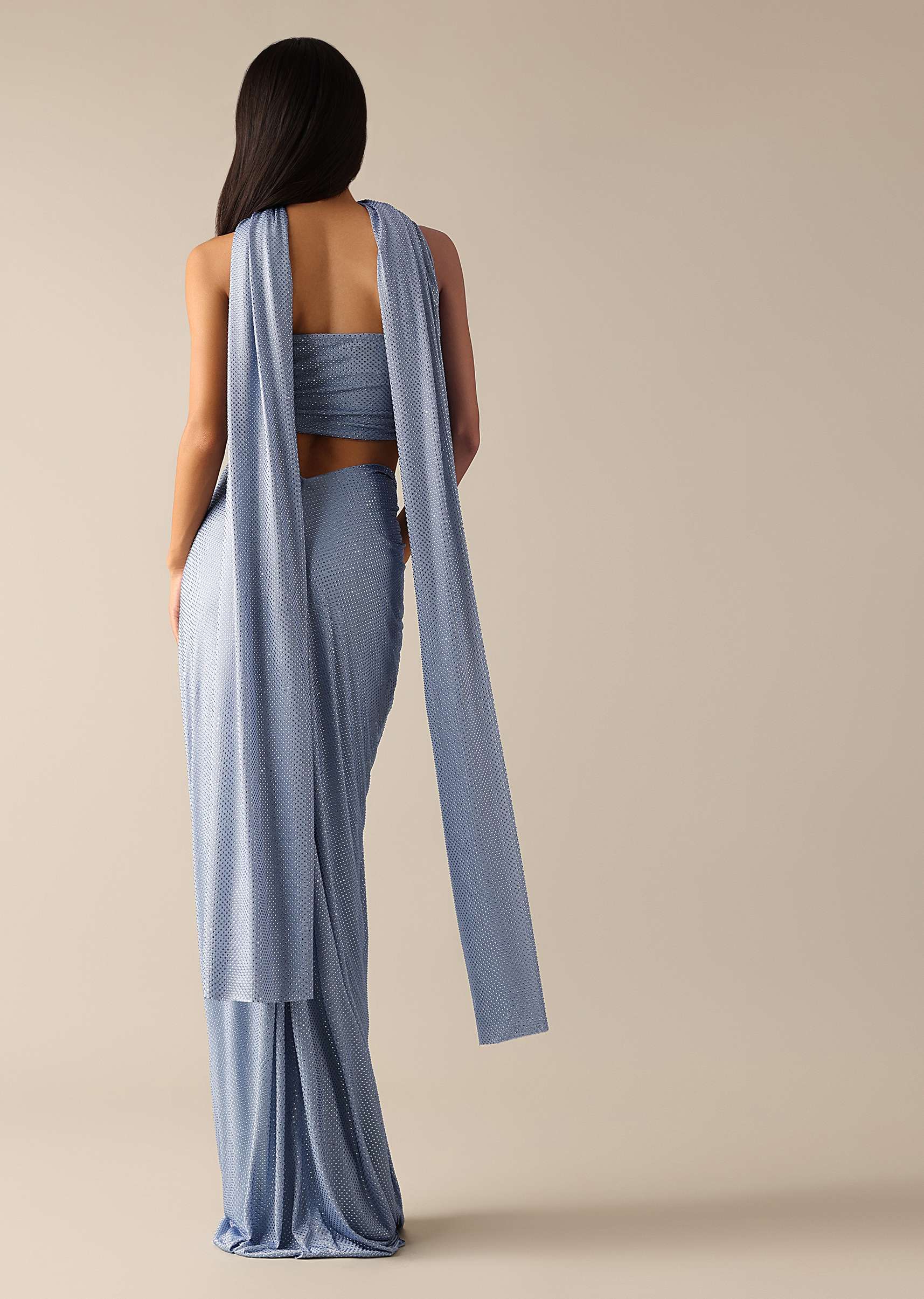 Blue Bodycon Blouse With A Dhoti Style Draped Skirt
